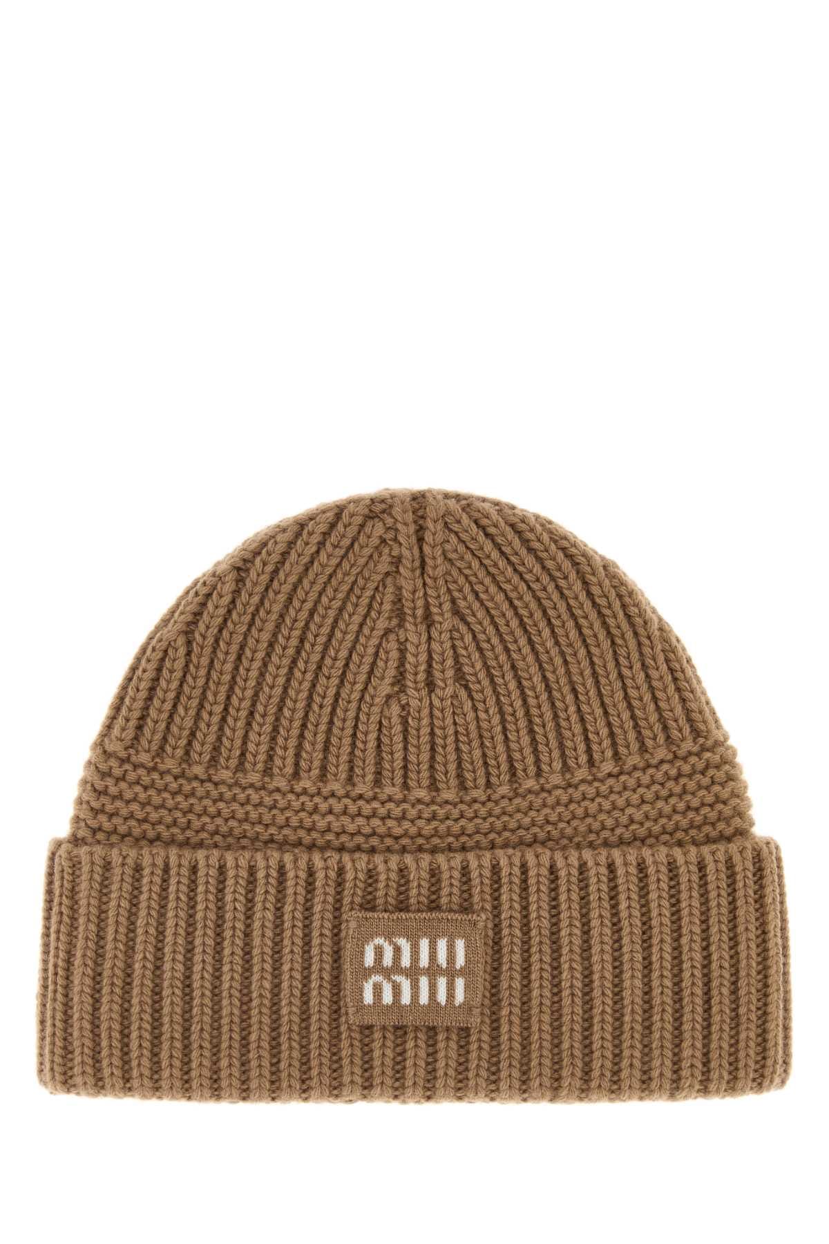Miu Miu CAPPELLI Wool - Cashmere Ribbed Beanie — Beige