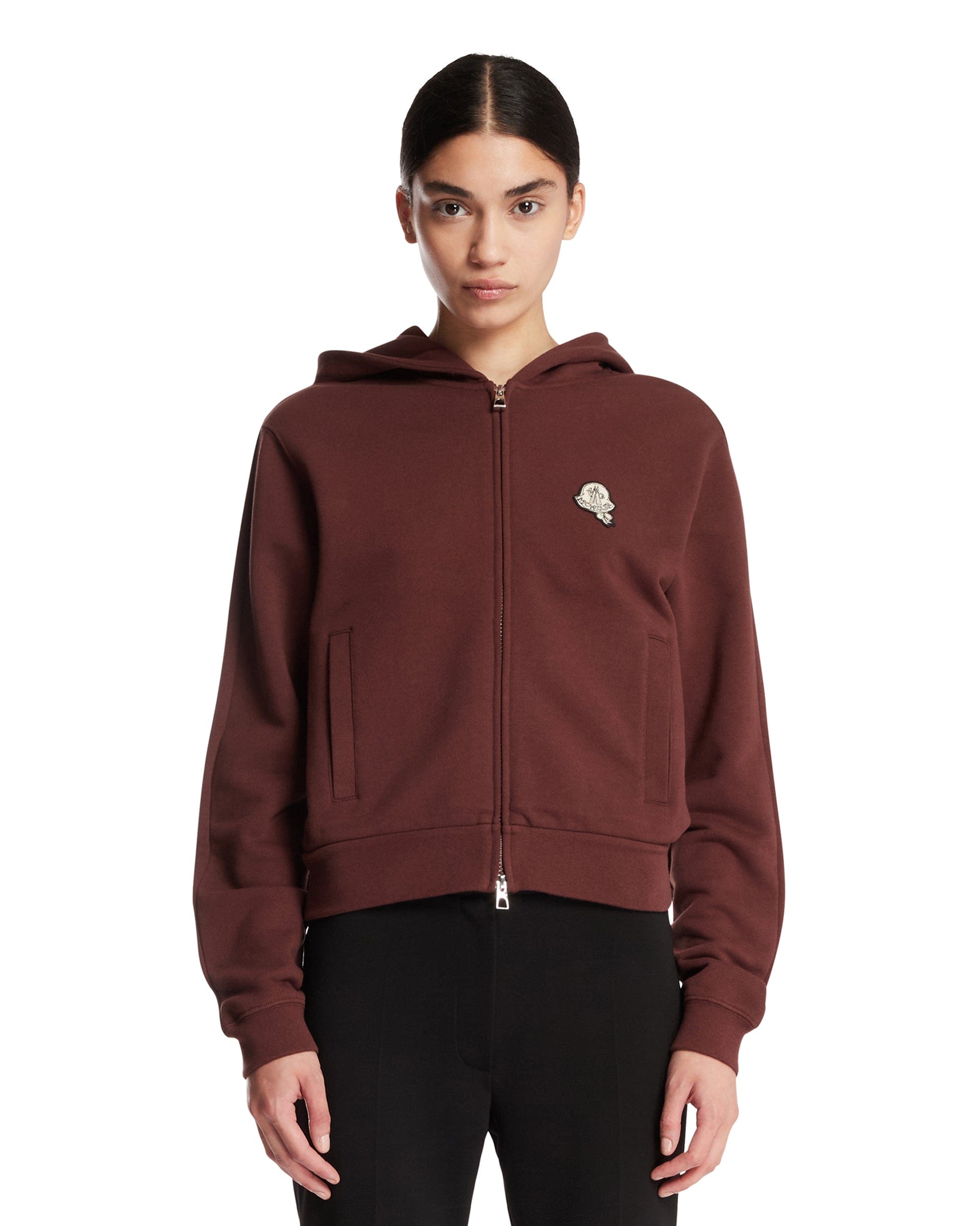 Moncler Felpa In Cotone Con Patch Marrone