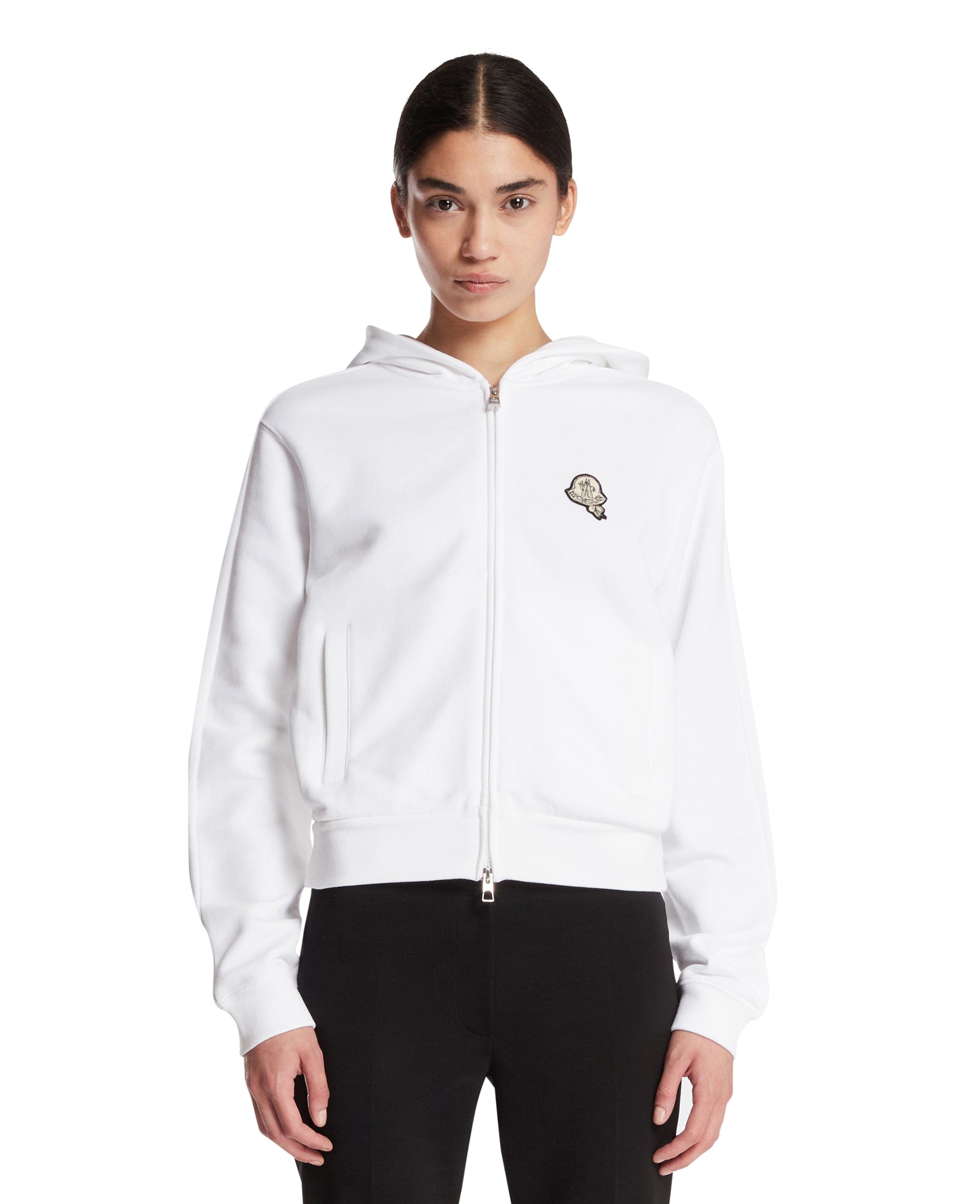 Moncler Felpa In Cotone Con Patch Bianca