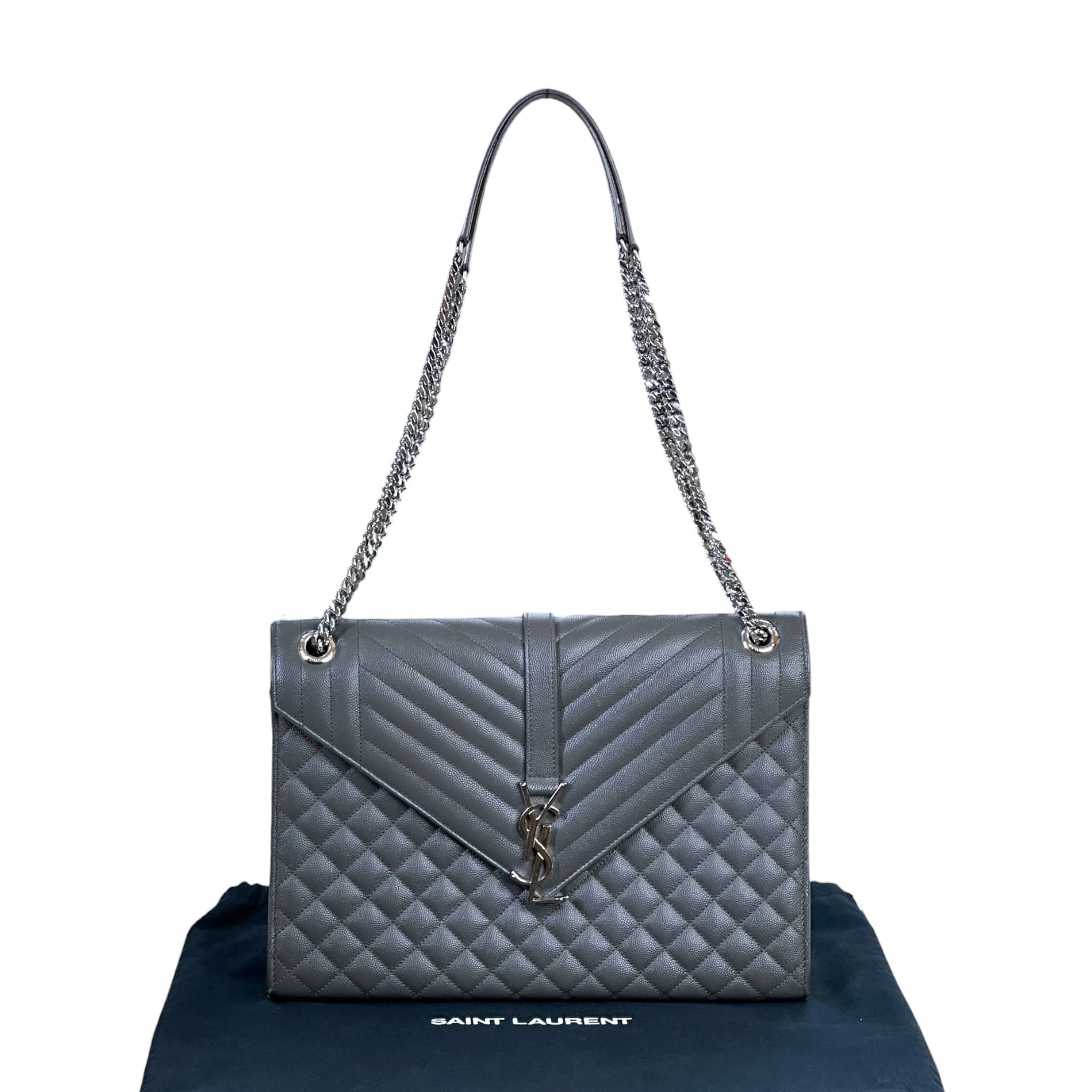 YVES SAINT Laurent Saint Laurent Envelope Shoulder Bag Grey Quilted Grain De Poudre