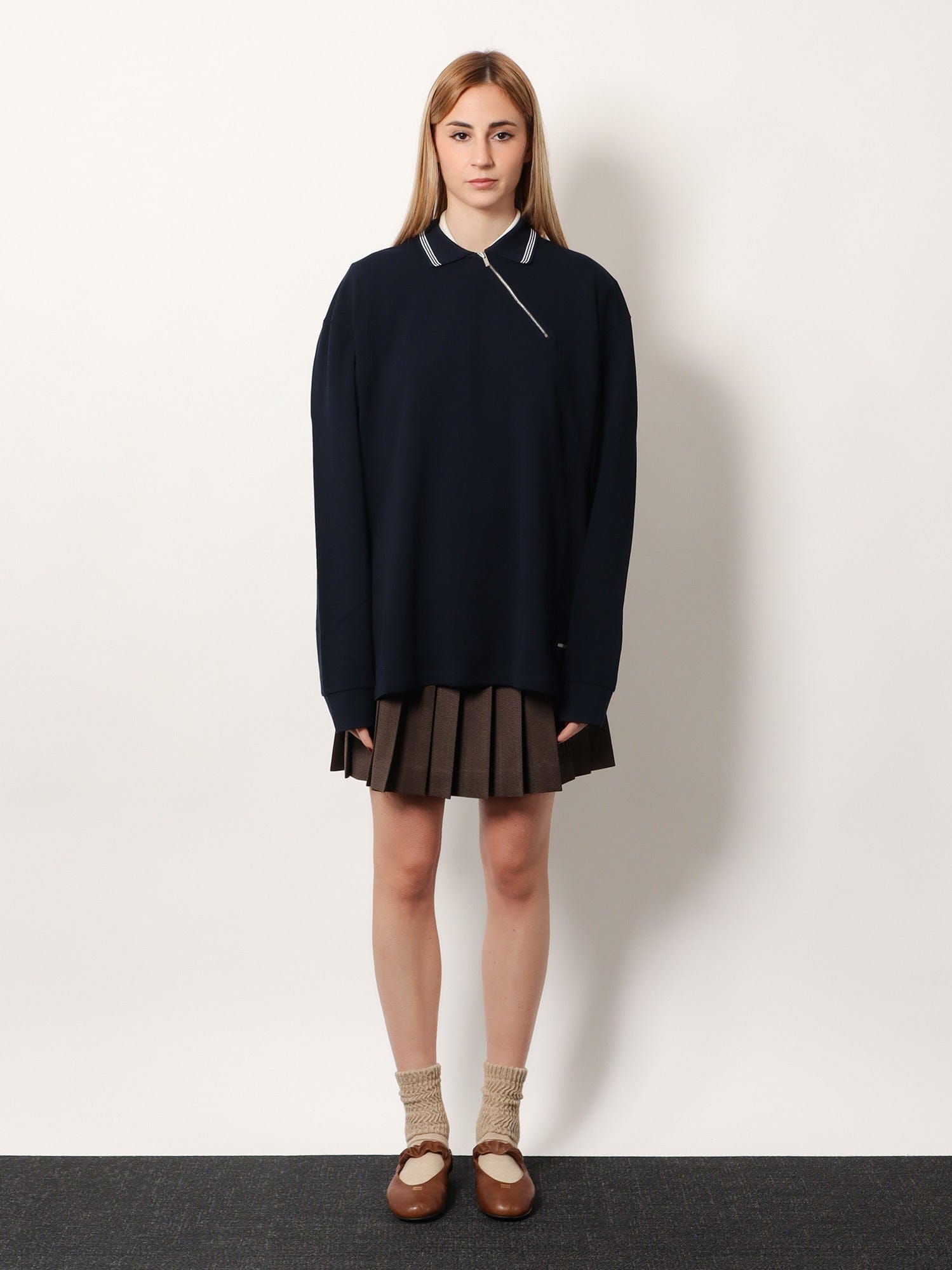 MIU MIU Cotton polo shirt with asymmetric metal zip detail