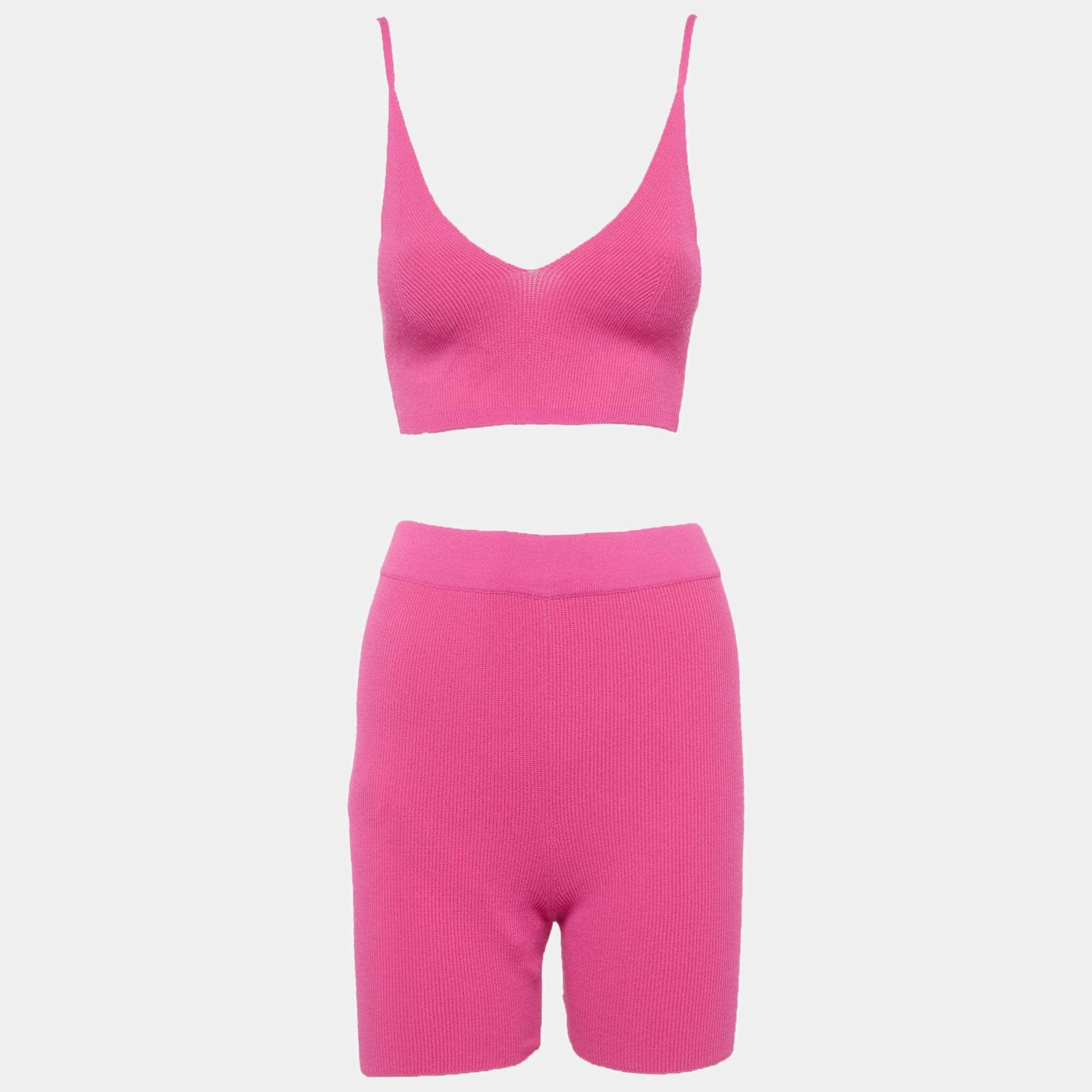 Jacquemus Pink Rib Knit Bralette And Shorts Set