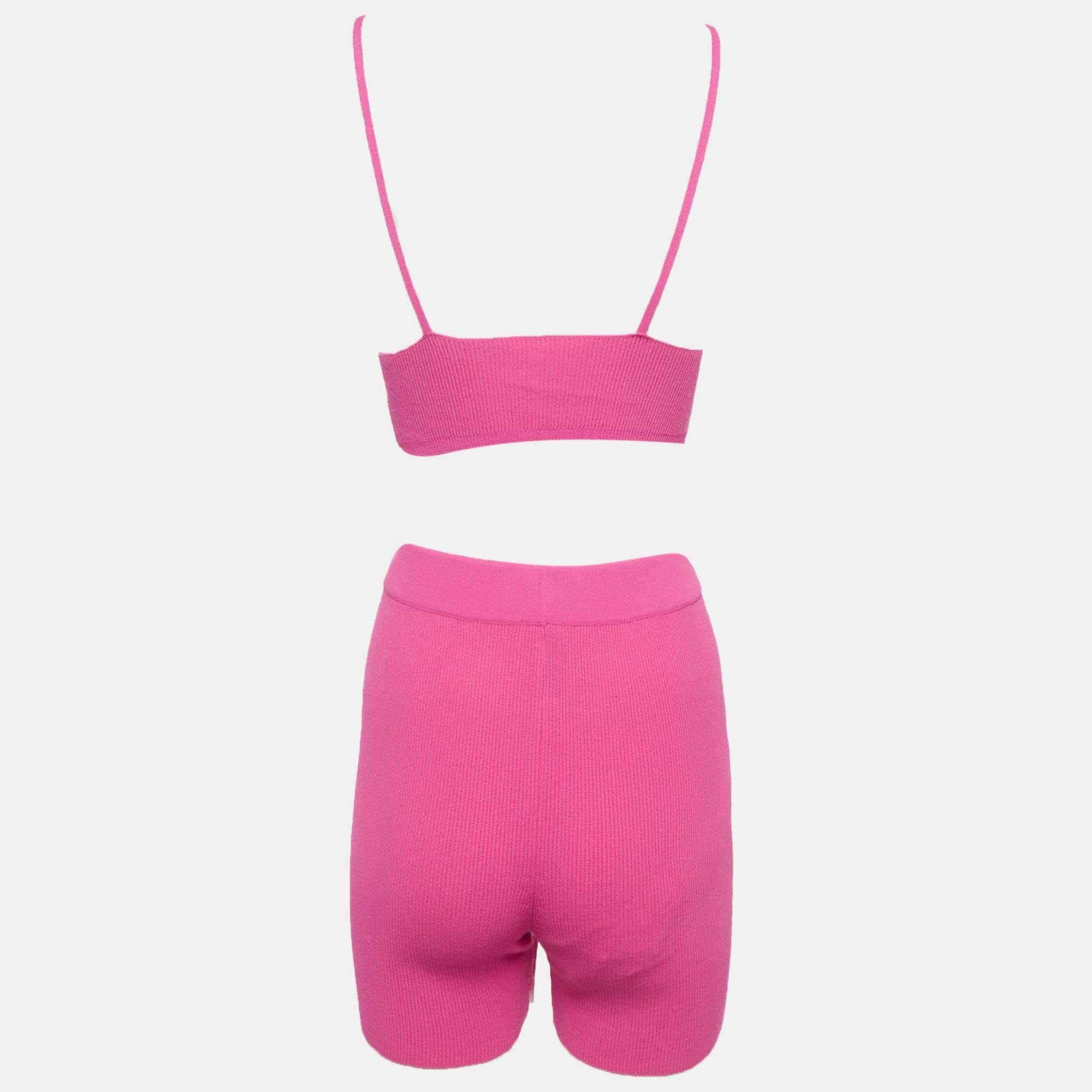 Jacquemus Pink Rib Knit Bralette And Shorts Set