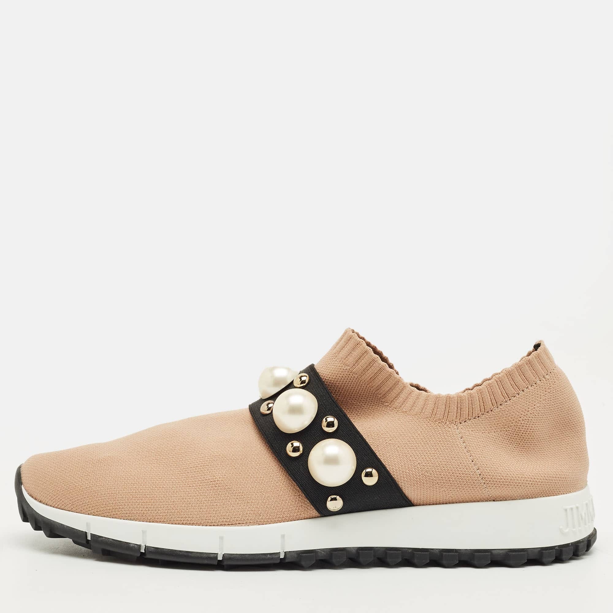 Jimmy Choo Beige Fabric Studded Accents Sneakers
