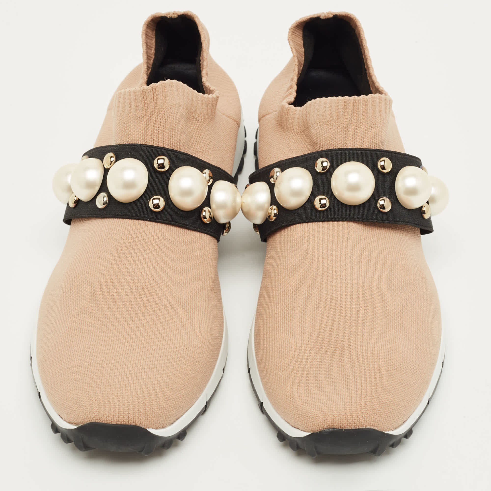 Jimmy Choo Beige Fabric Studded Accents Sneakers