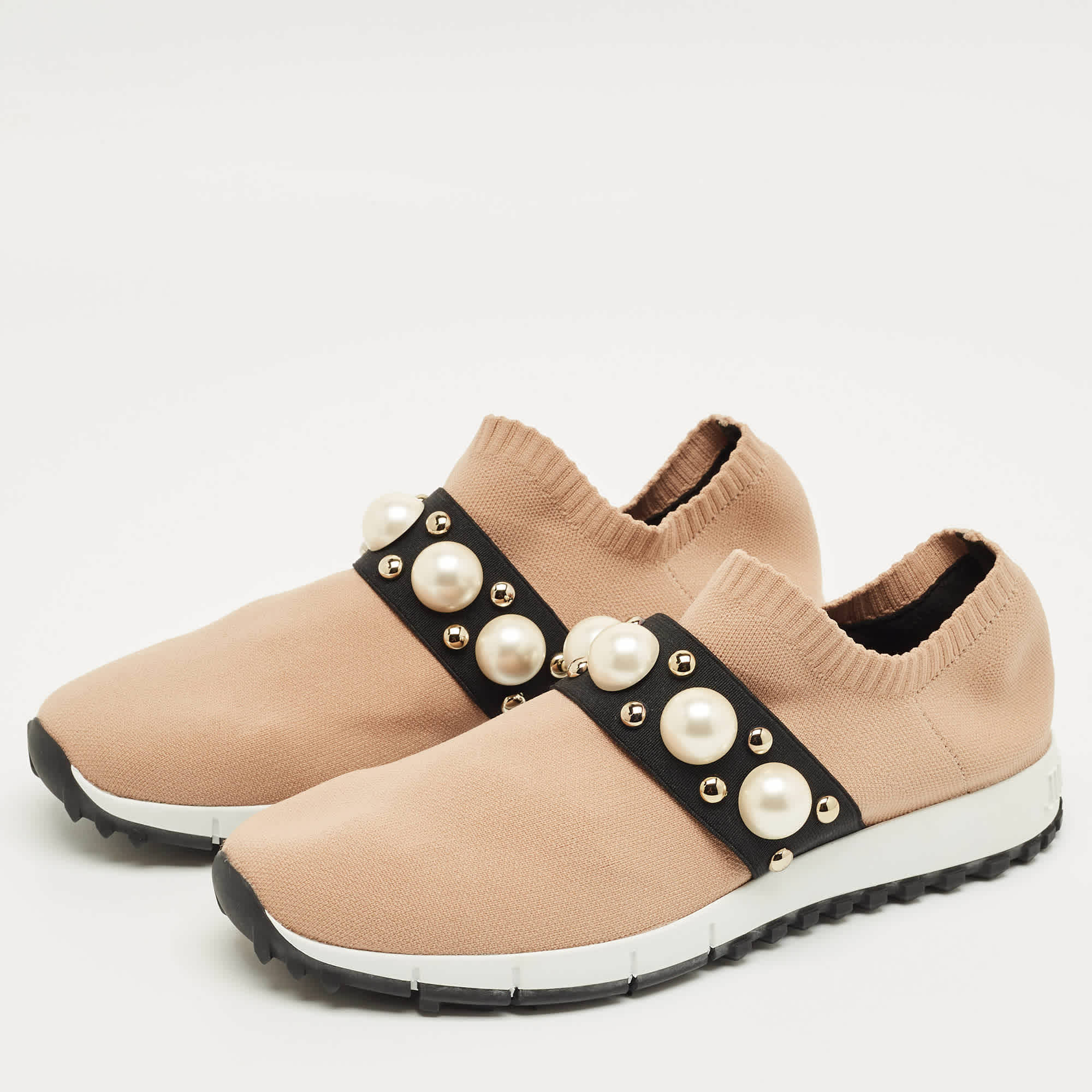 Jimmy Choo Beige Fabric Studded Accents Sneakers