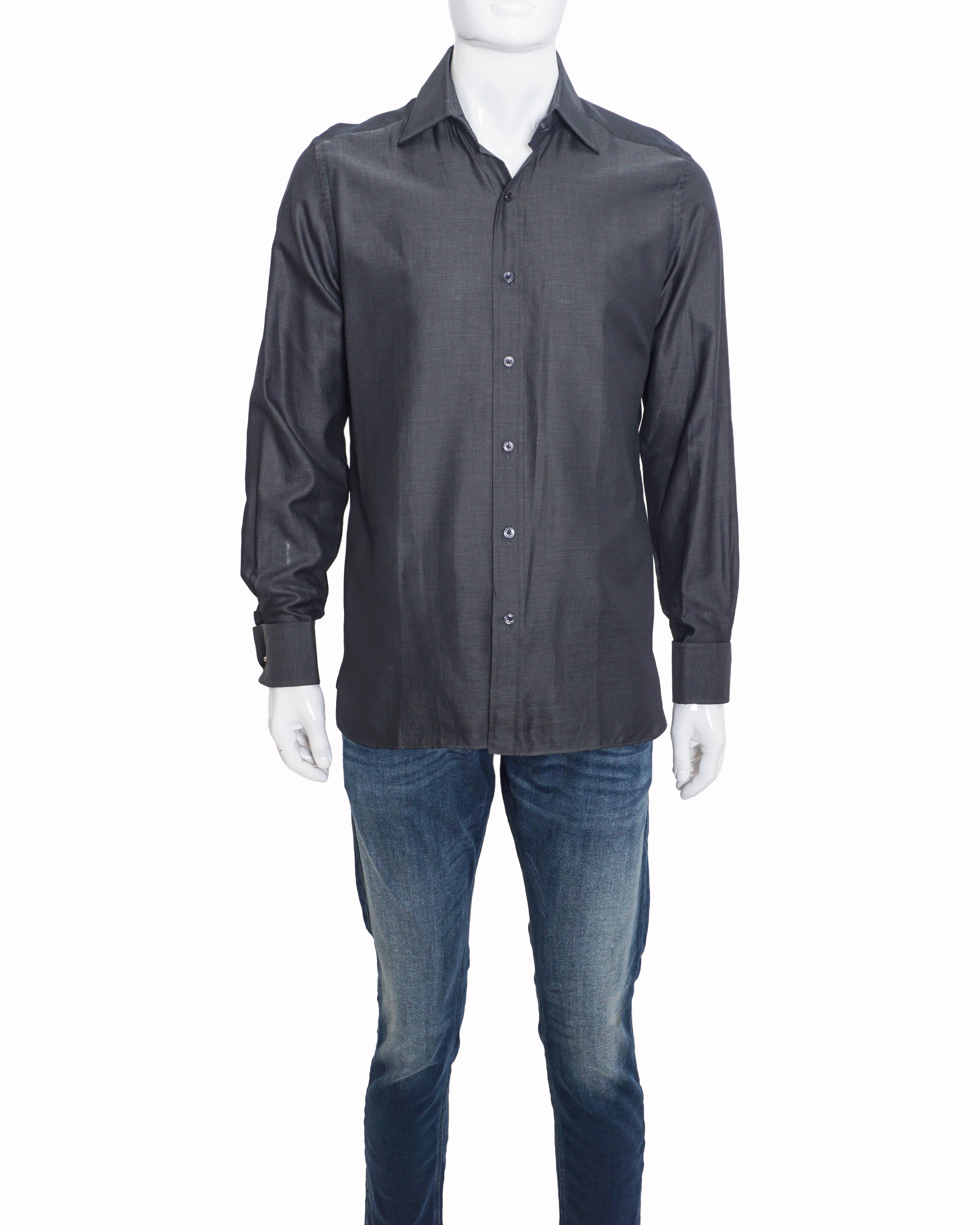 TOM FORD Men's Dark Charcoal Grey Woven Cotton Formal Shirt