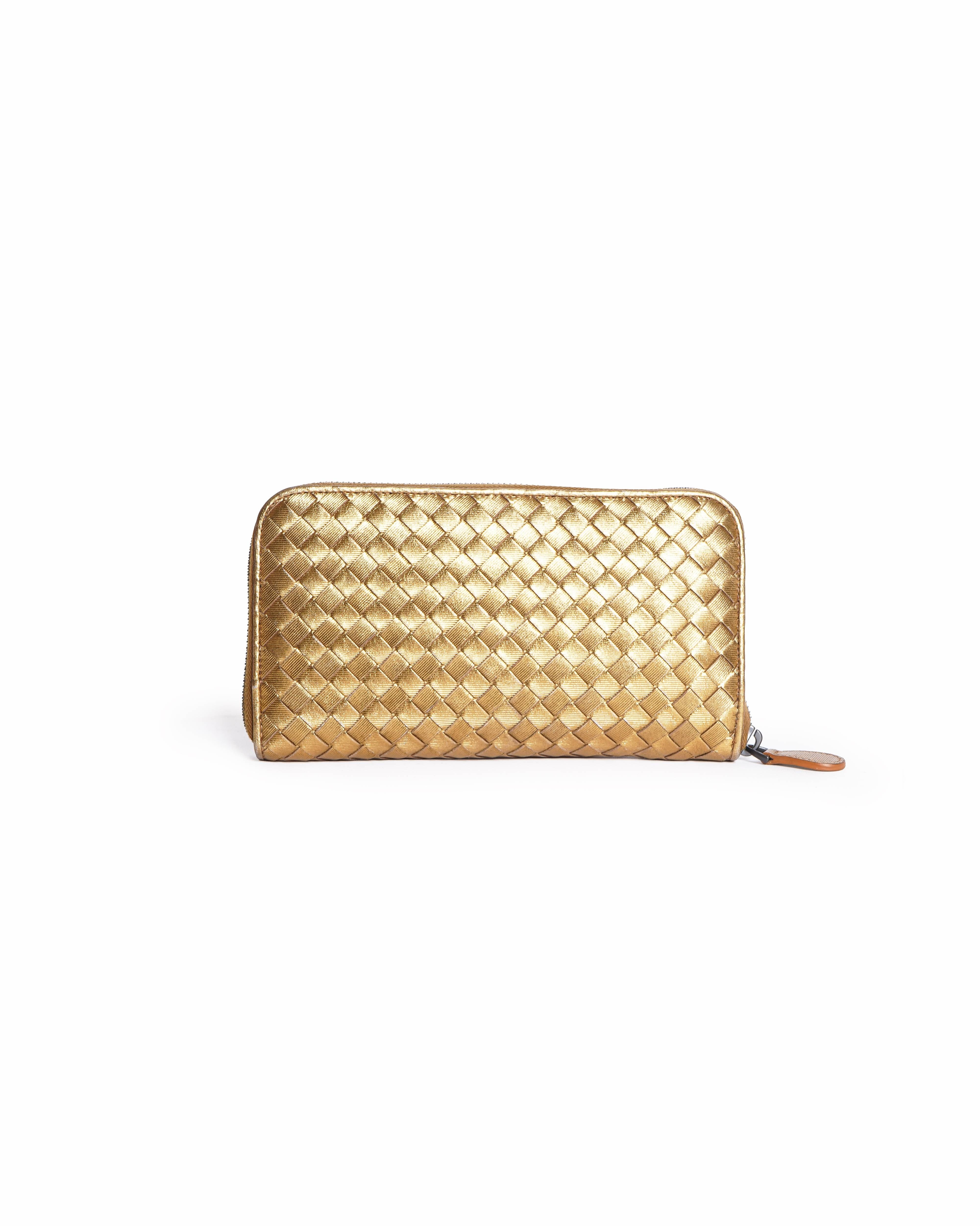Bottega Veneta Metallic Gold Intrecciato Zip - Around Wallet