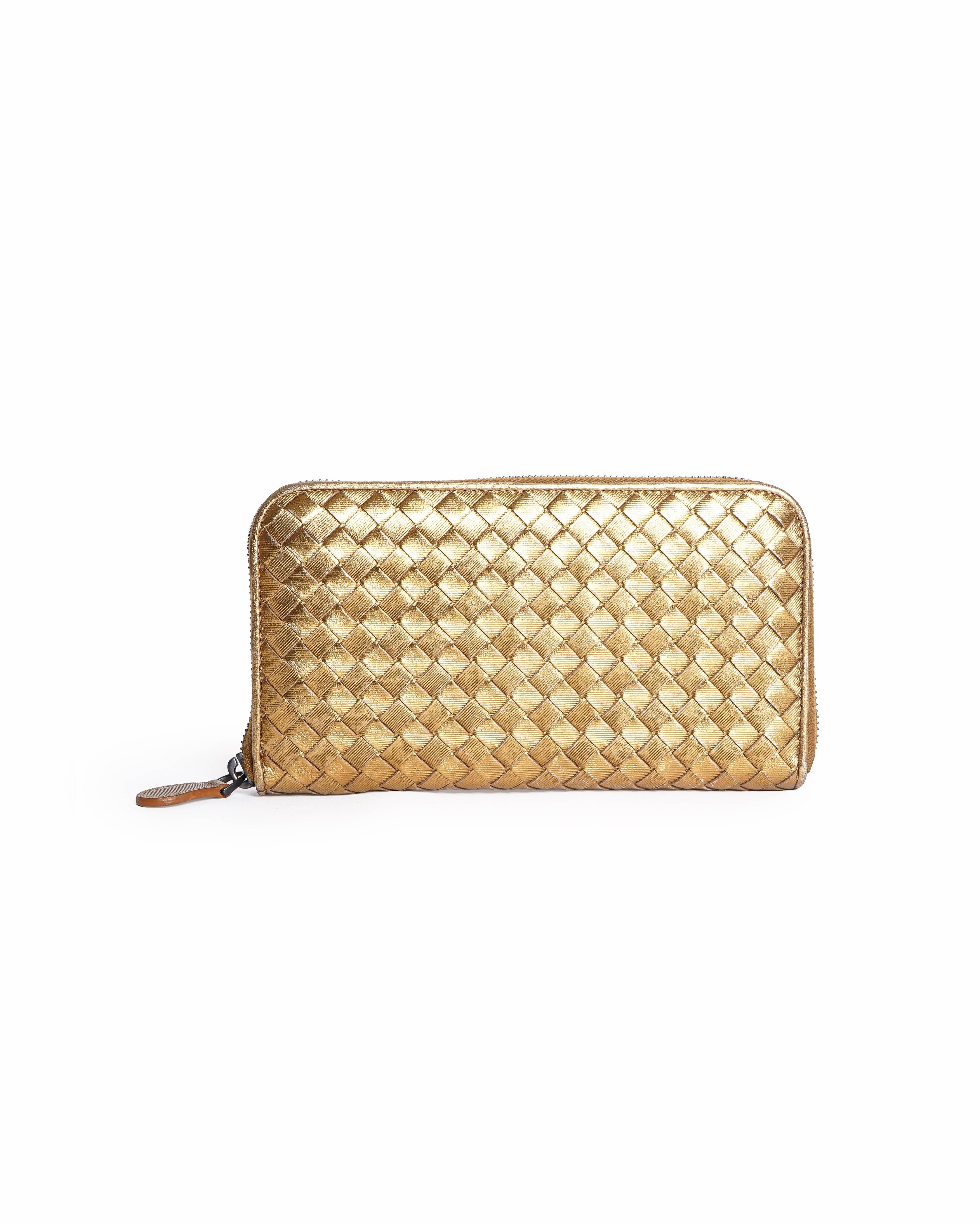 Bottega Veneta Metallic Gold Intrecciato Zip - Around Wallet
