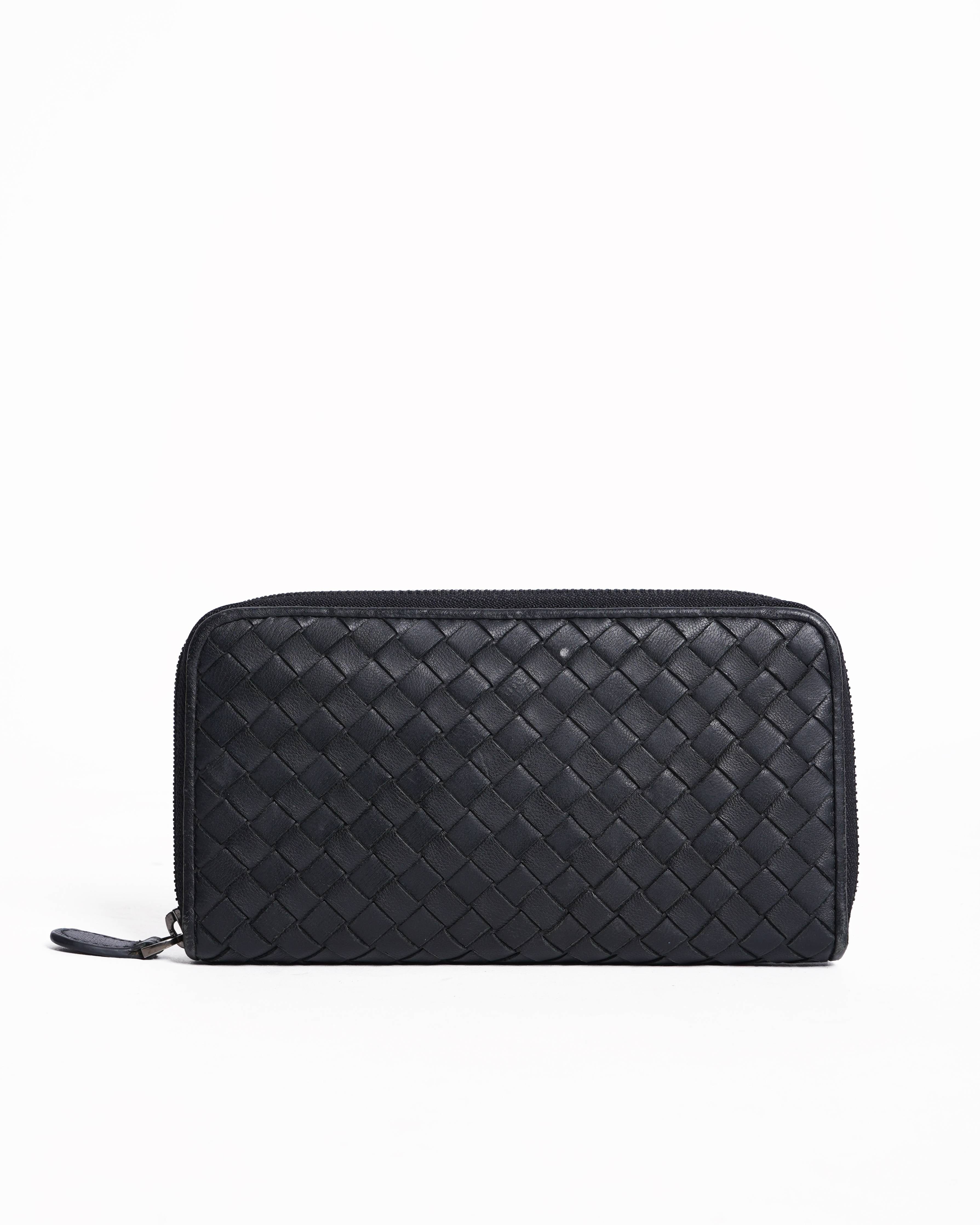 Bottega Veneta Black Intrecciato Leather Zip Around Wallet