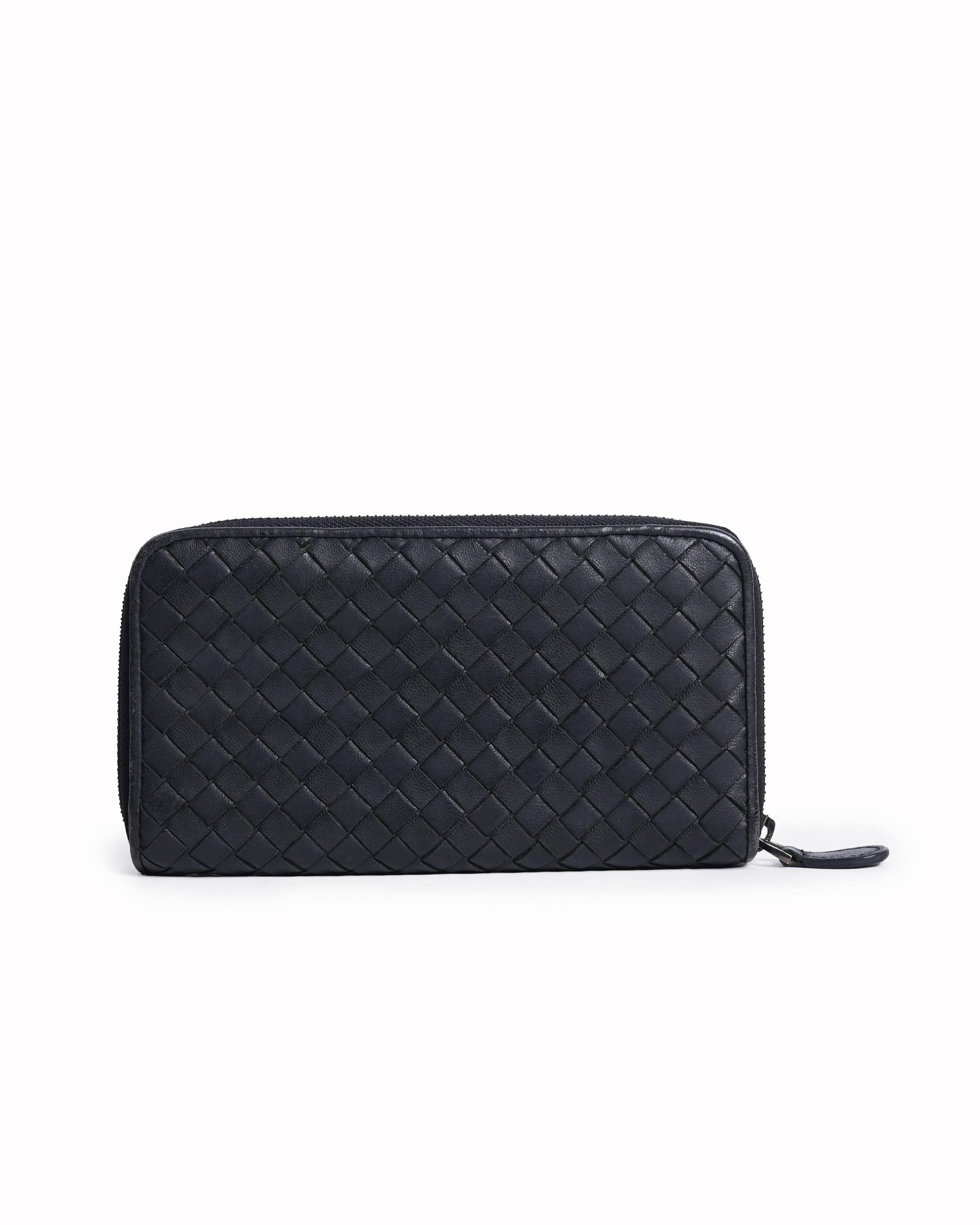 Bottega Veneta Black Intrecciato Leather Zip Around Wallet