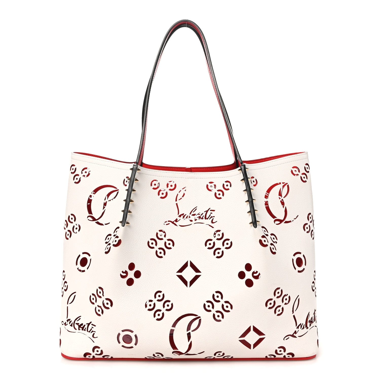 Christian Louboutin Calfskin Loubinthesky Large Perforated Cabarock Spikes Tote Snow