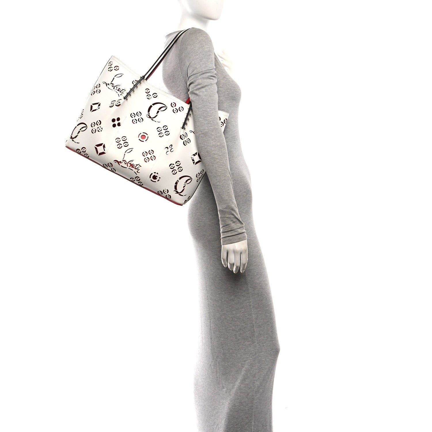 Christian Louboutin Calfskin Loubinthesky Large Perforated Cabarock Spikes Tote Snow