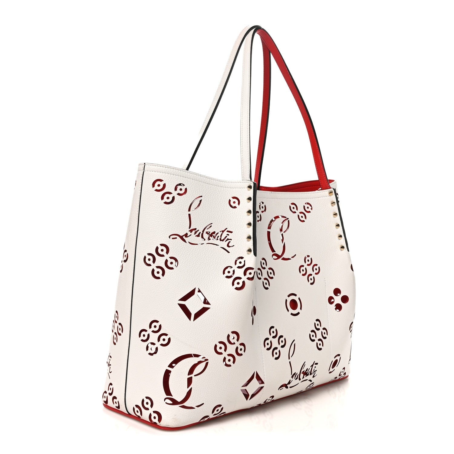 Christian Louboutin Calfskin Loubinthesky Large Perforated Cabarock Spikes Tote Snow