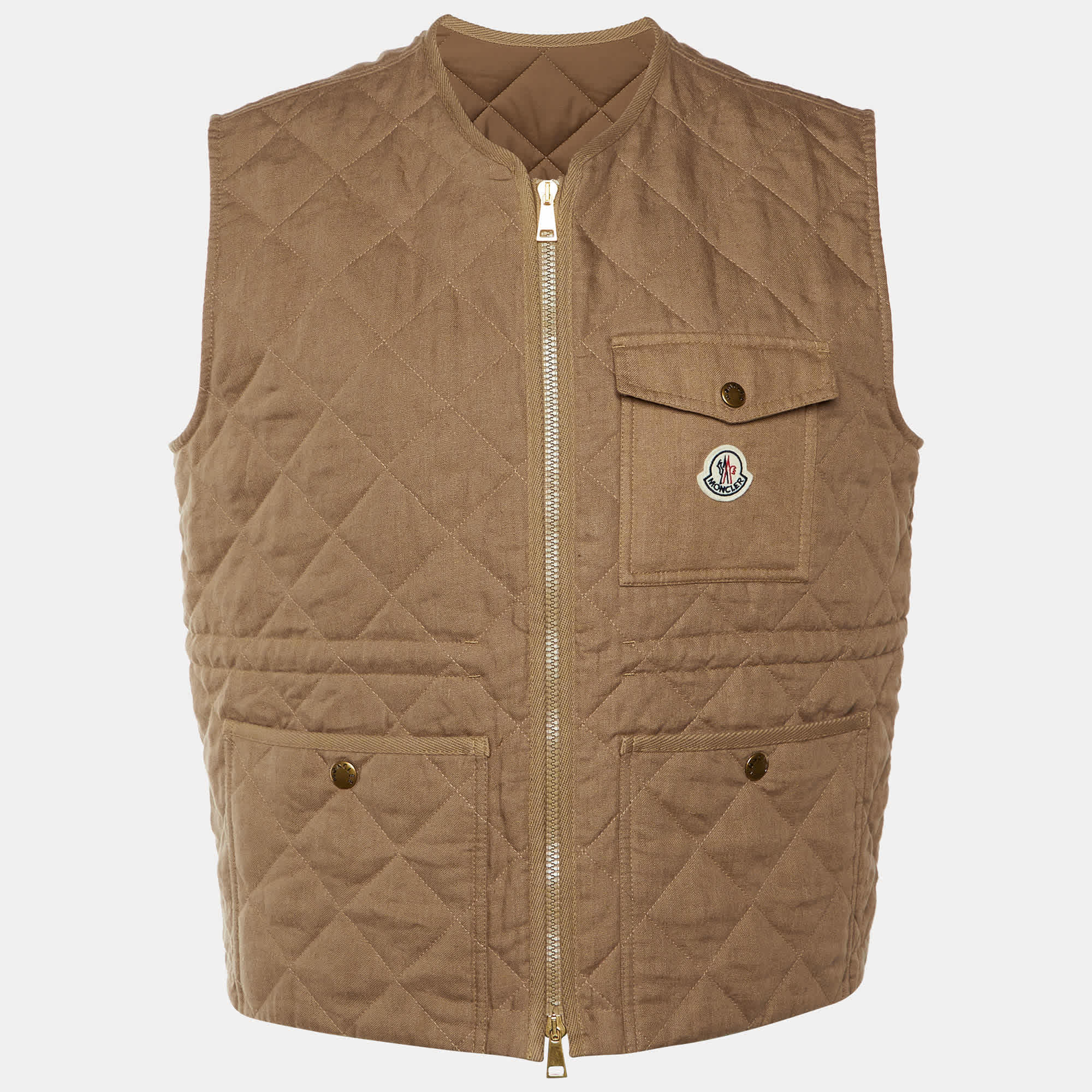 Moncler Brown Quilted Linen Vigny Zip Up Gilet