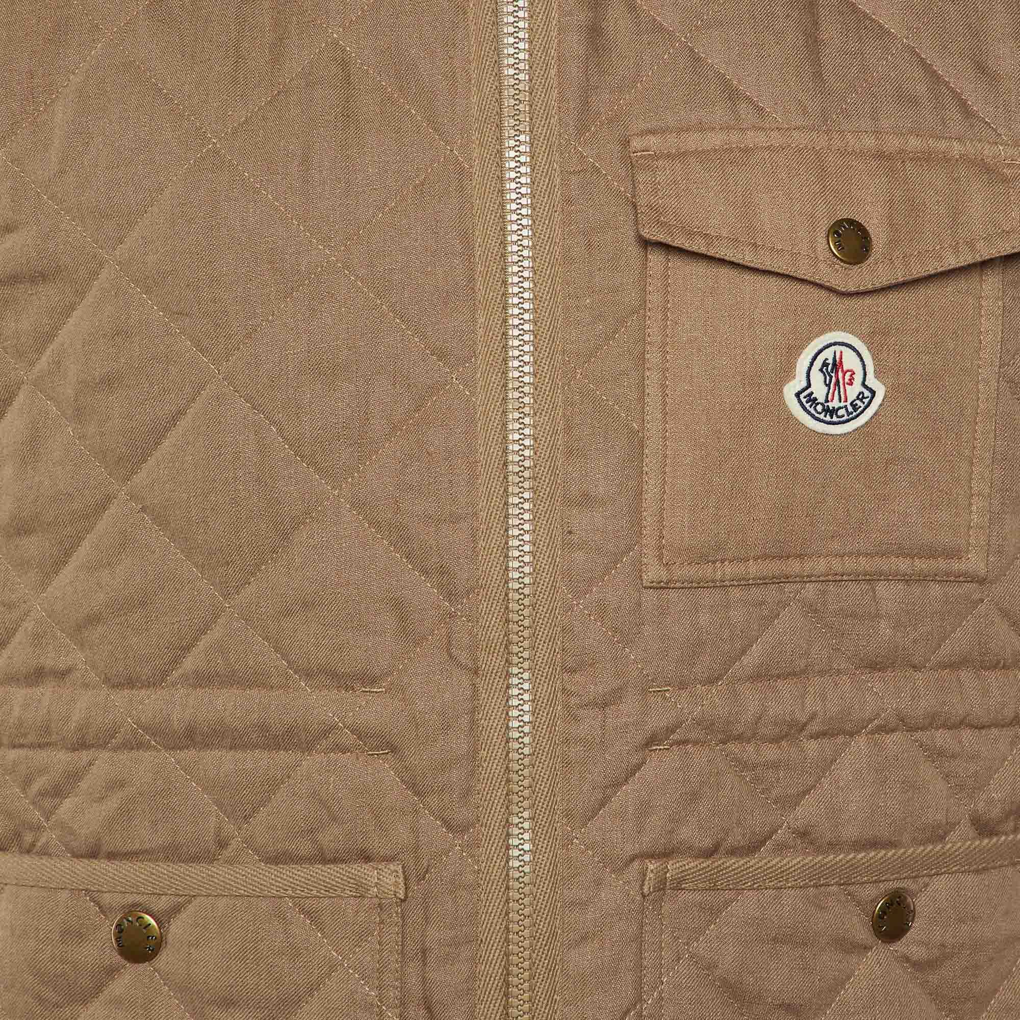 Moncler Brown Quilted Linen Vigny Zip Up Gilet
