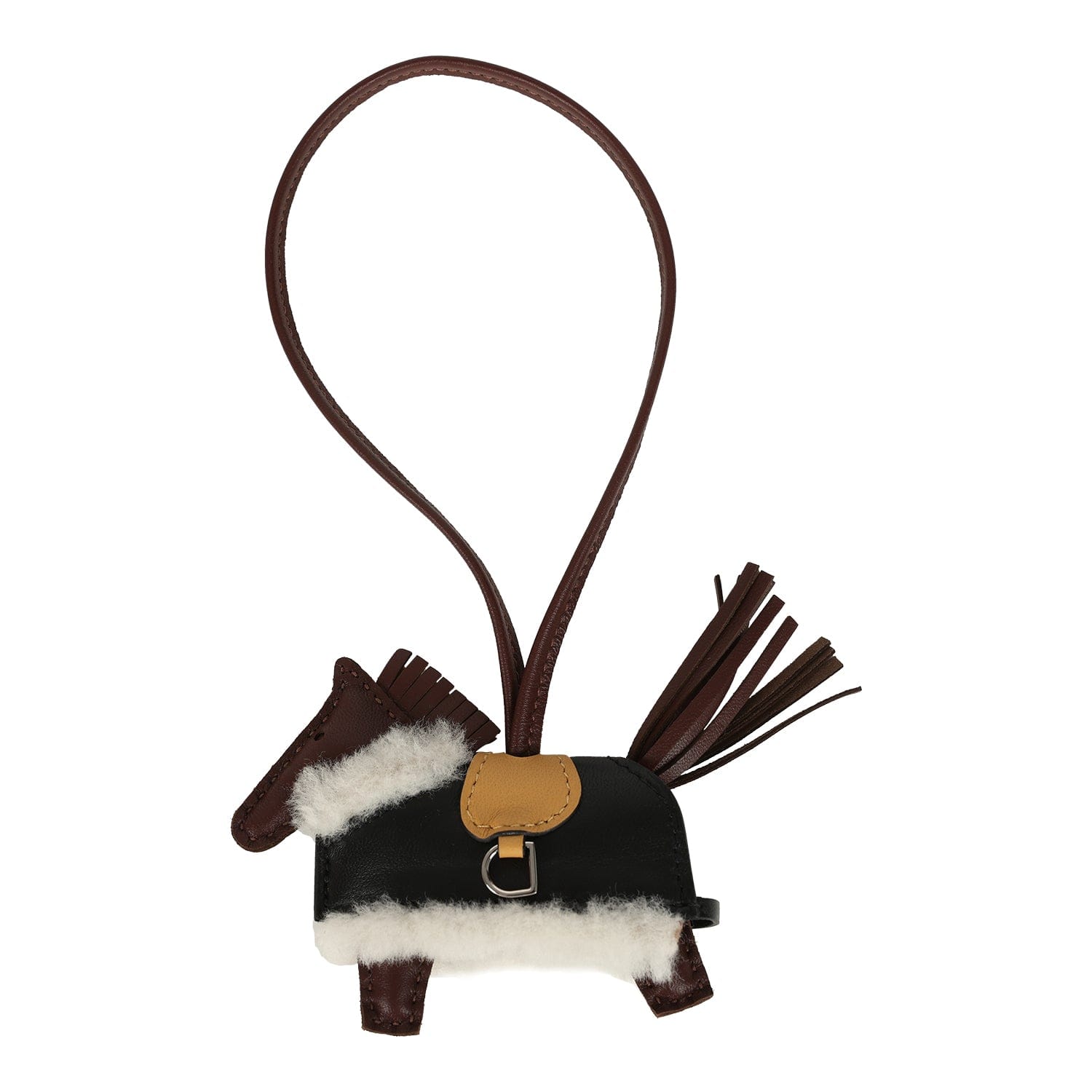 Hermes Rodeo Robeo Plush Charm PM Terre, Sesame, Black Milo Lambskin and Ecru Merino Wool Palladium Hardware