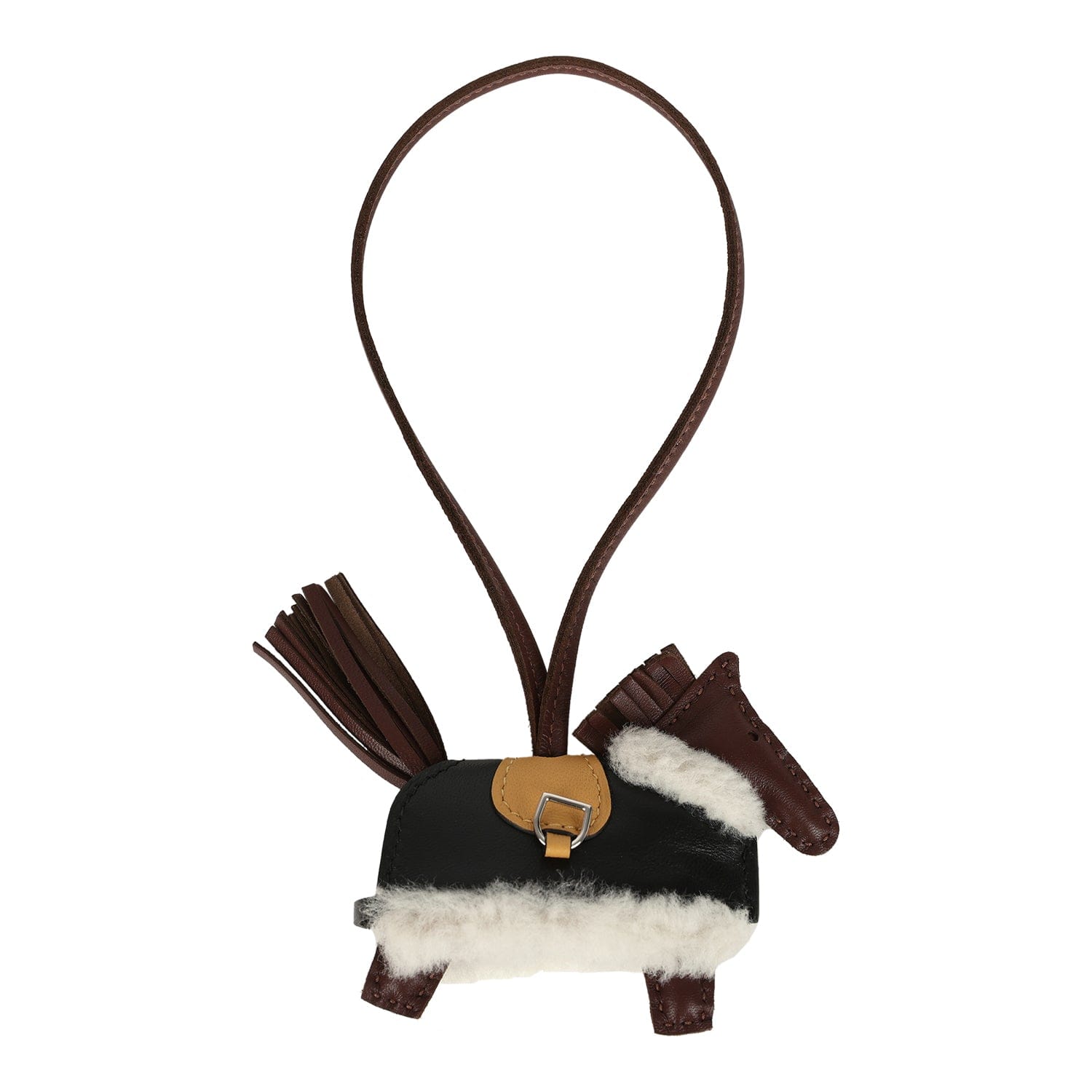 Hermes Rodeo Robeo Plush Charm PM Terre, Sesame, Black Milo Lambskin and Ecru Merino Wool Palladium Hardware