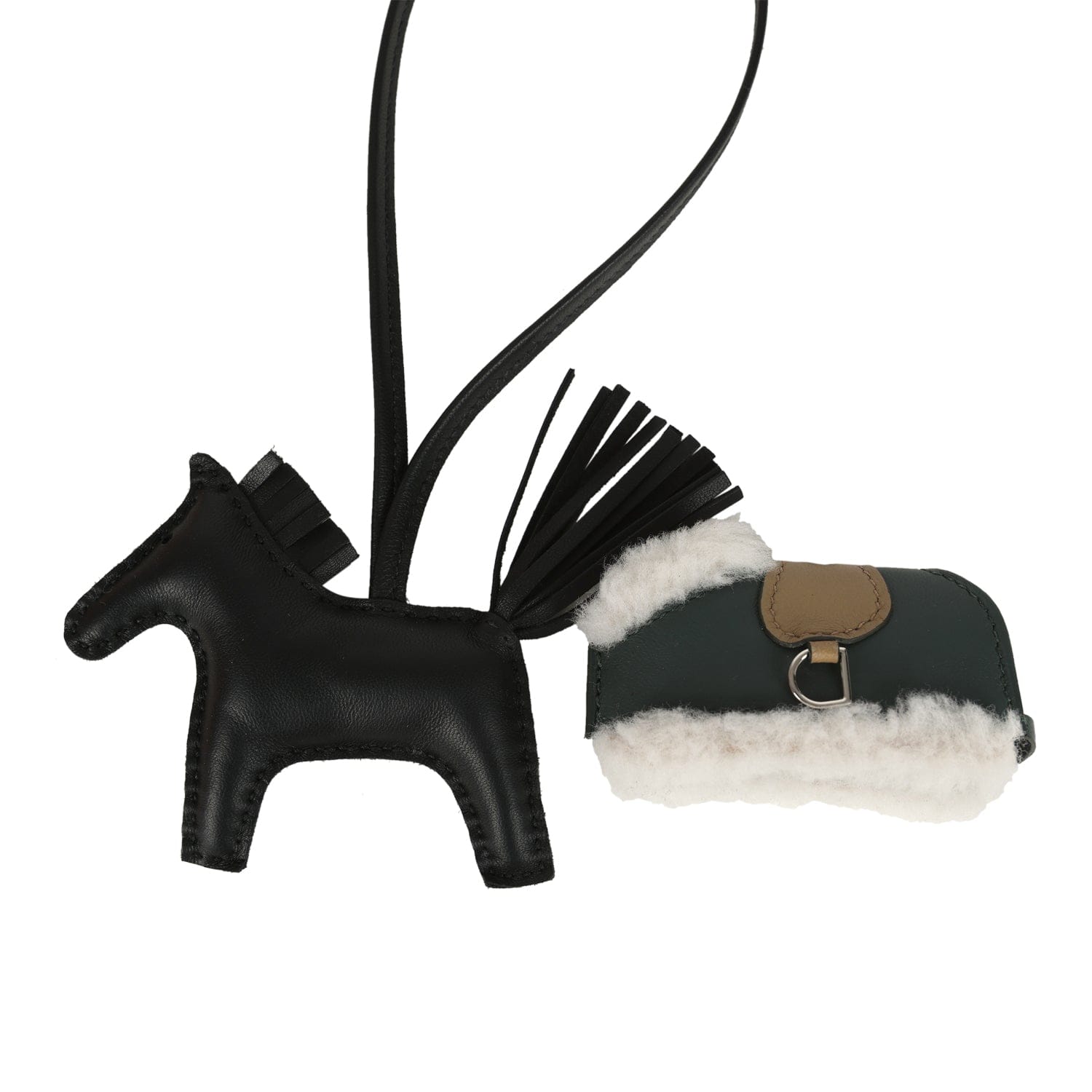 Hermes Rodeo Robeo Plush Charm PM Black, Beige Marfa, Vert Mangrove Milo Lambskin and Ecru Merino Wool Palladium Hardware