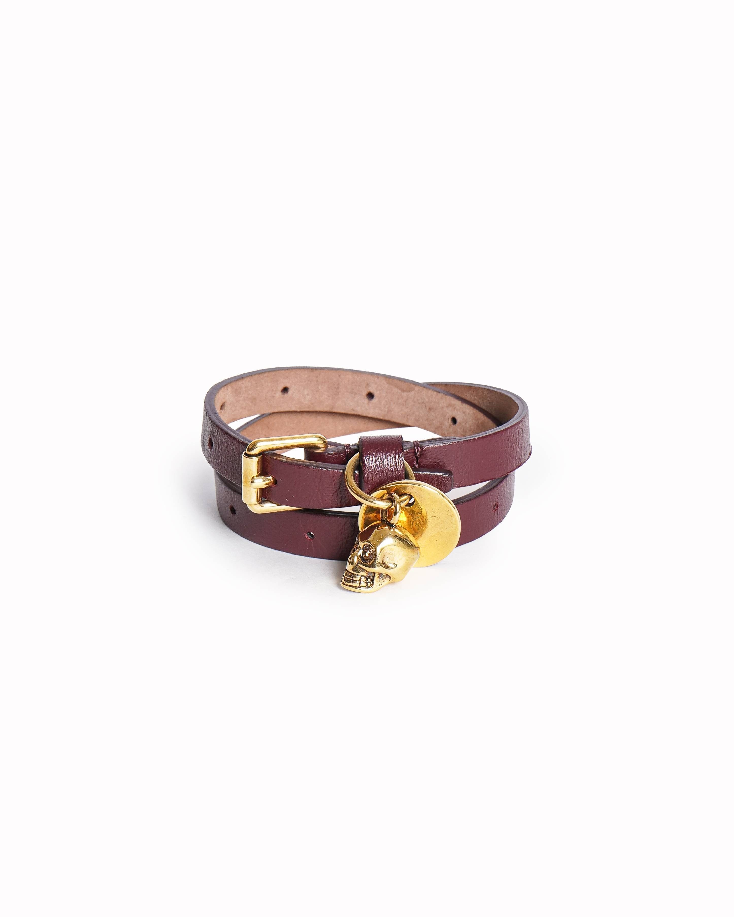 Alexander McQueen Burgundy Skull Charm Double Wrap Bracelet