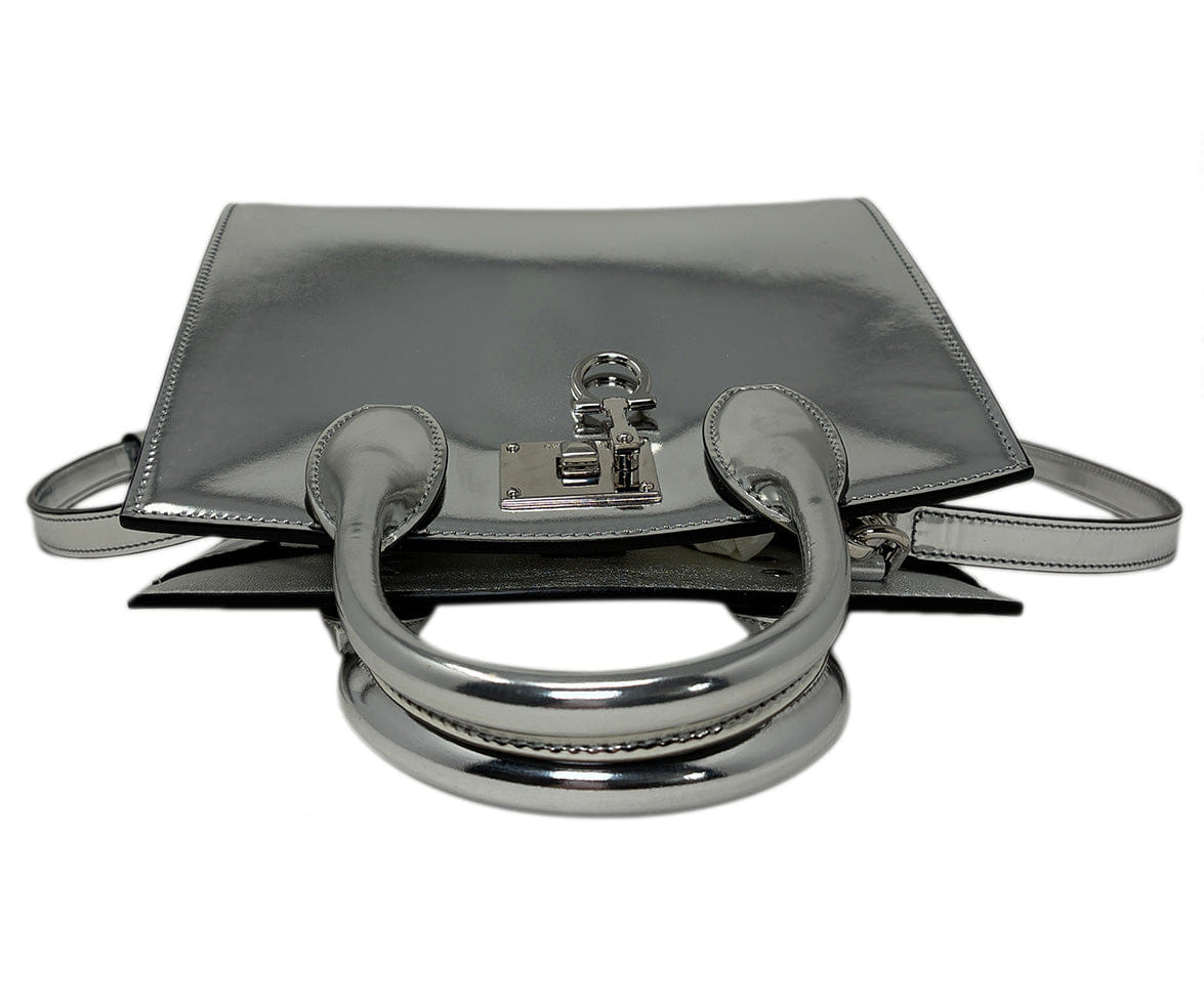 Ferragamo Metallic Silver Hardware Push Release Leather W/Strap Handbag
