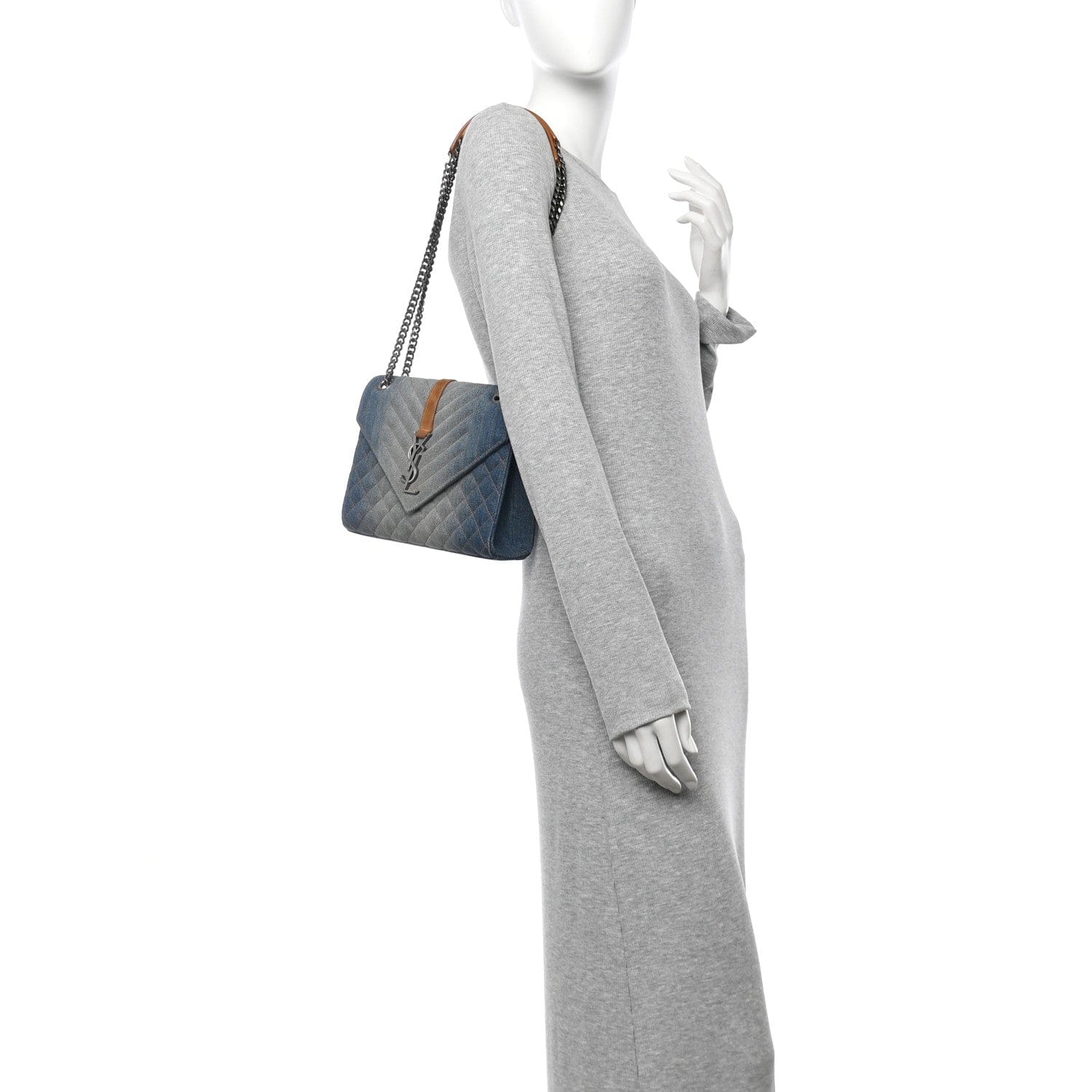 Saint Laurent Denim Mixed Matelasse Triquilt Medium Monogram Envelope Satchel Blue