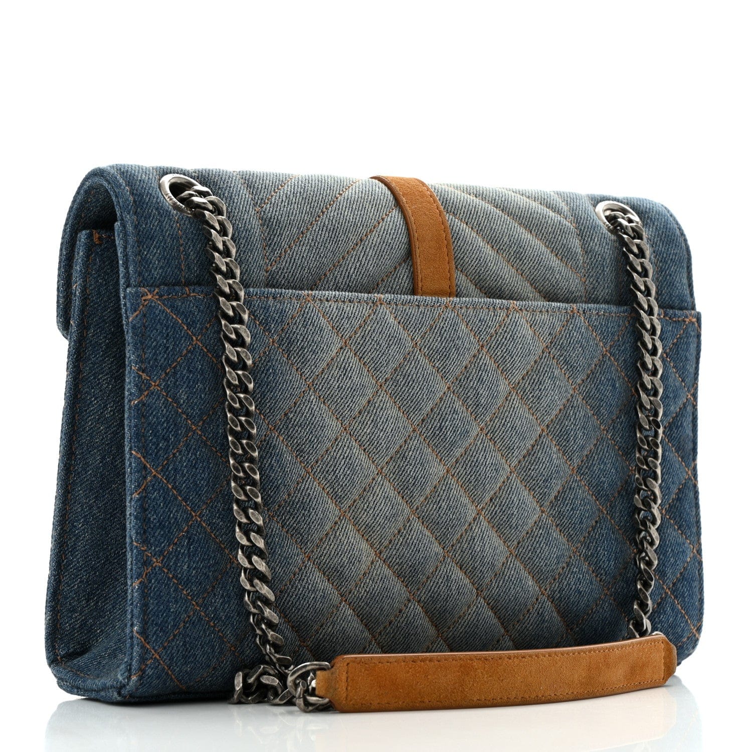 Saint Laurent Denim Mixed Matelasse Triquilt Medium Monogram Envelope Satchel Blue