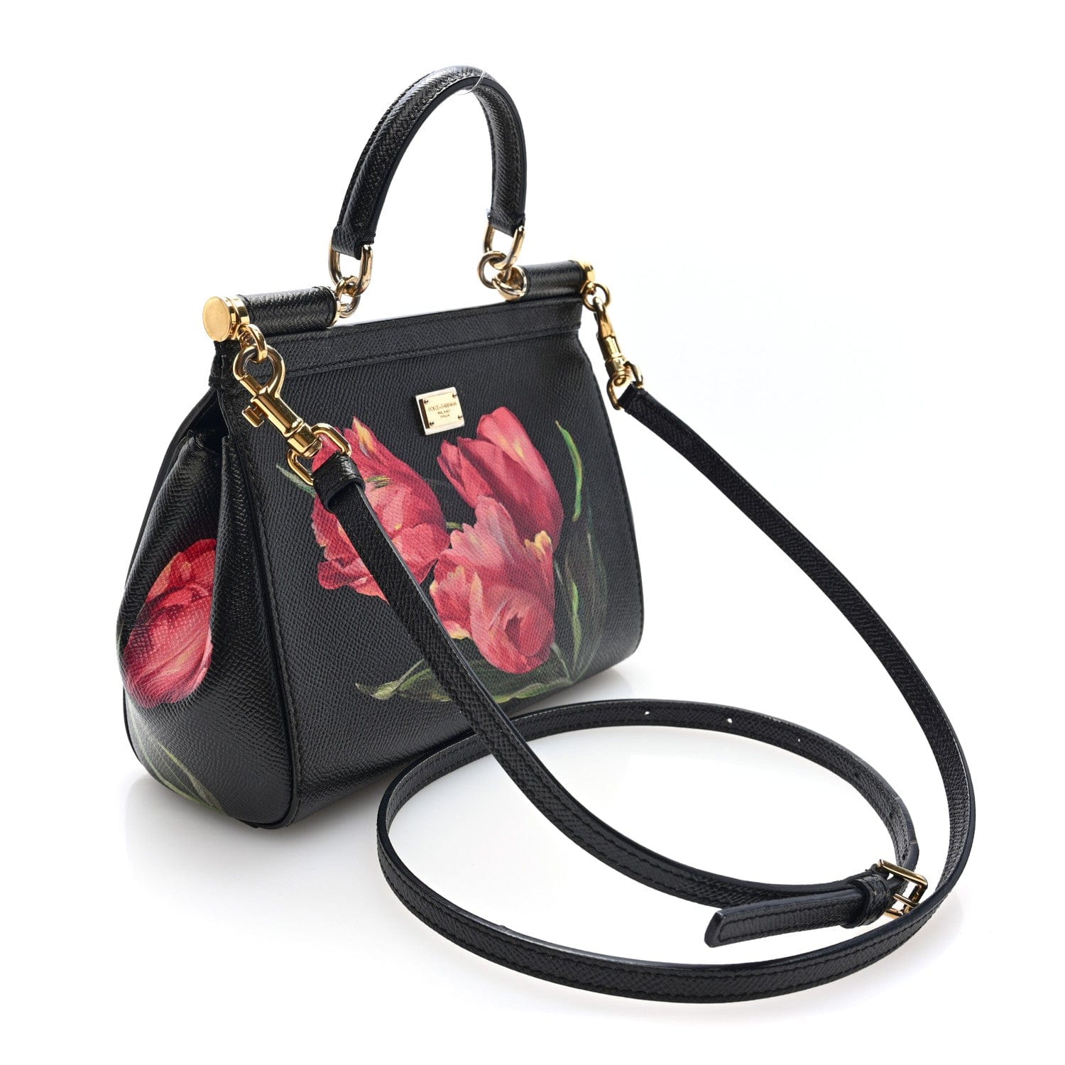 Dolce & Gabbana Dauphine Tulip Print Small Miss Sicily Satchel Black