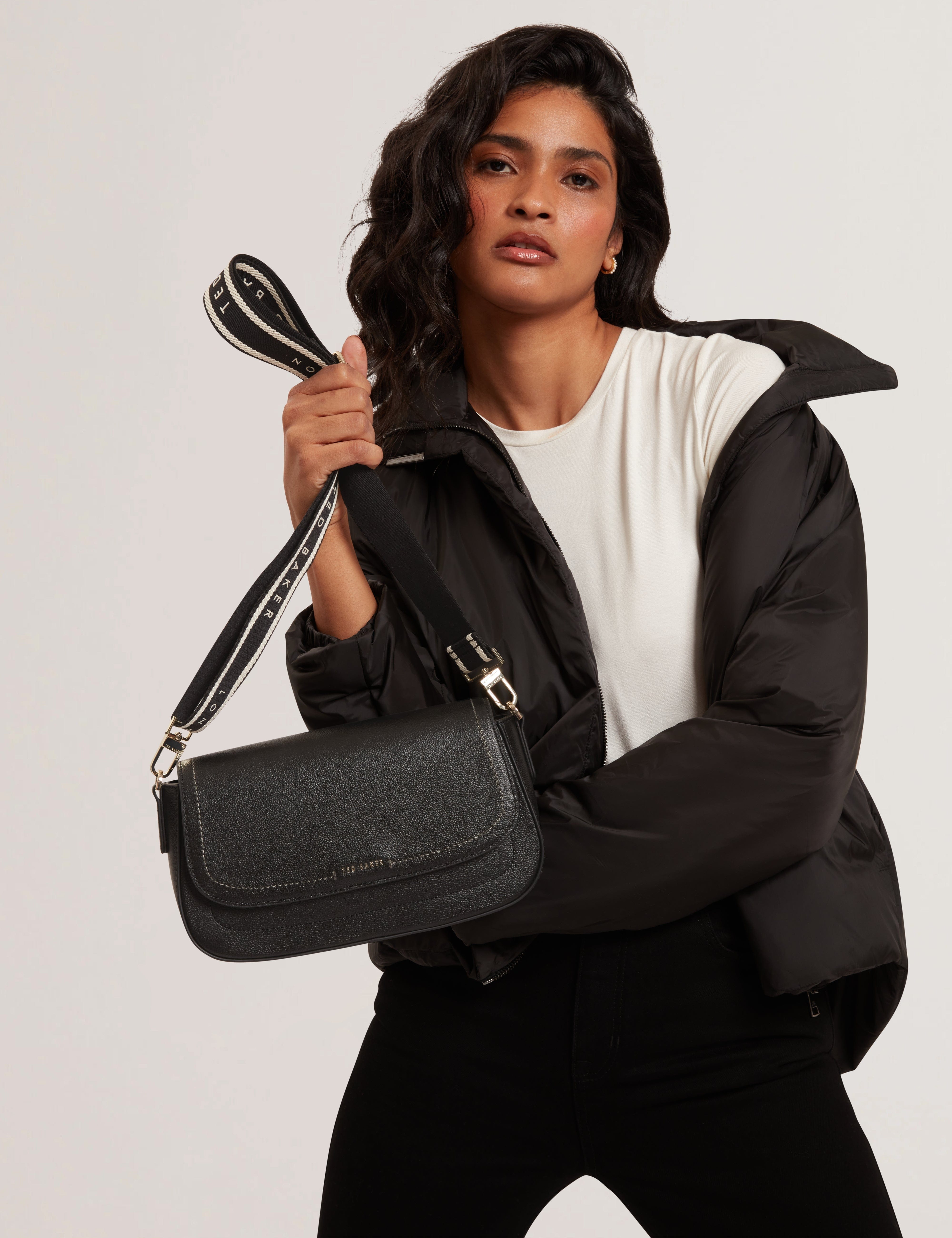 Ted Baker Louiize Webbing Leather Flapover Crossbody Bag Black
