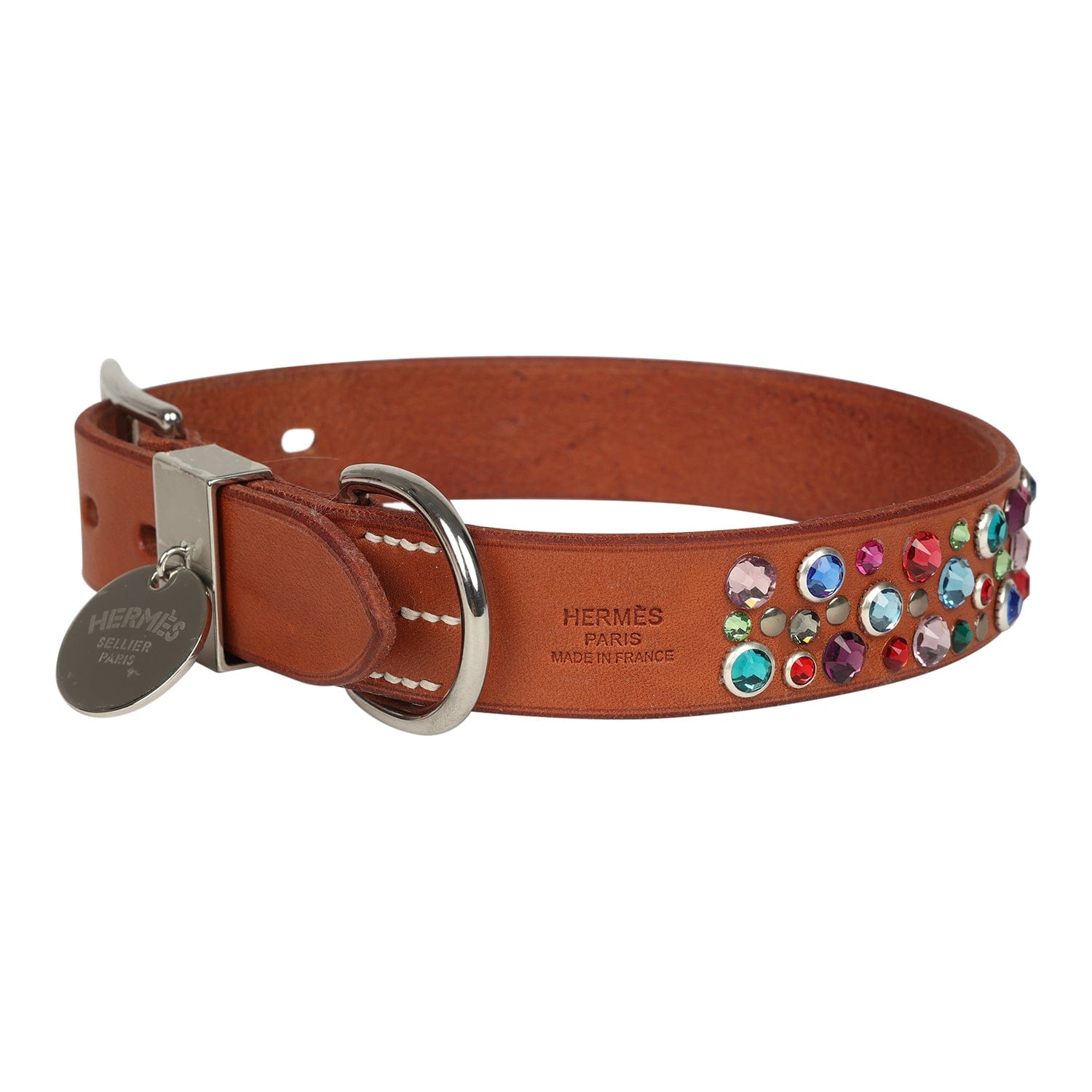 Hermes Custom Multicolored Swarovski Crystal Hermes Etriviere III Dog Collar Small Dark Irish Vache Bridle Sterling Silver