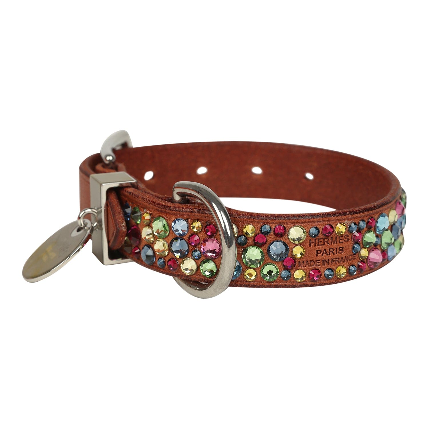 Hermes Custom Multicolored Swarovski Crystal Hermes Etriviere III Dog Collar XS Dark Irish Vache Bridle Sterling Silver