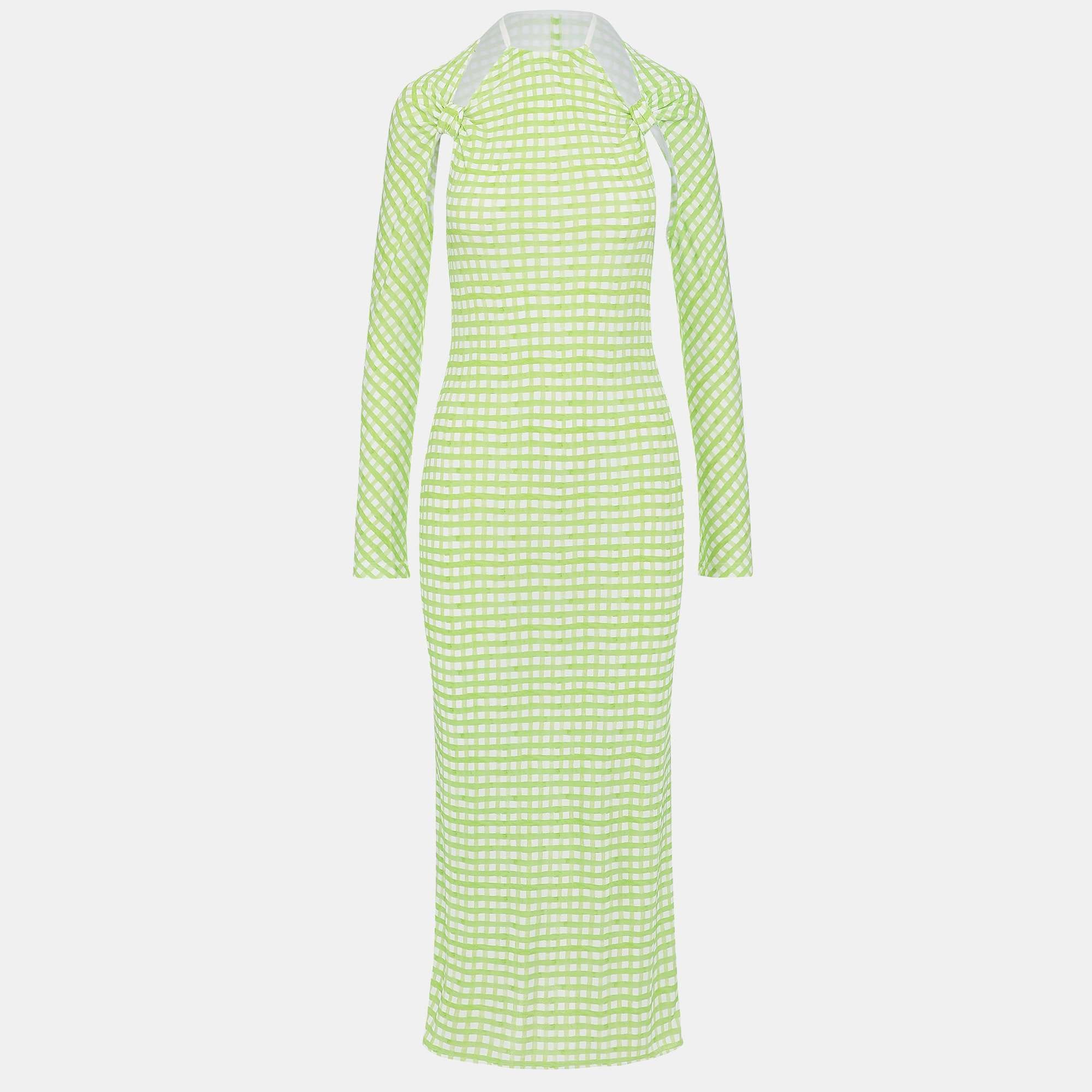 Jacquemus Green Checkered Print Jersey La Robe Nodi Midi Dress