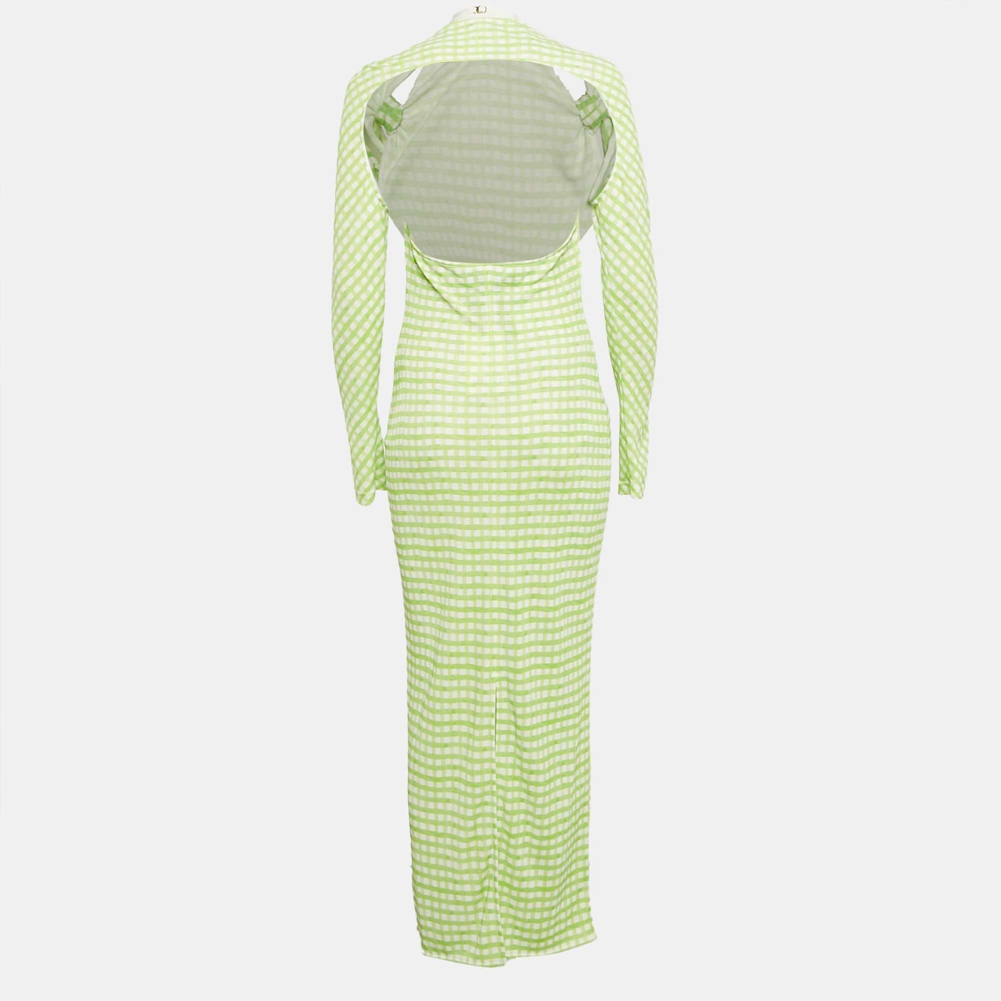 Jacquemus Green Checkered Print Jersey La Robe Nodi Midi Dress