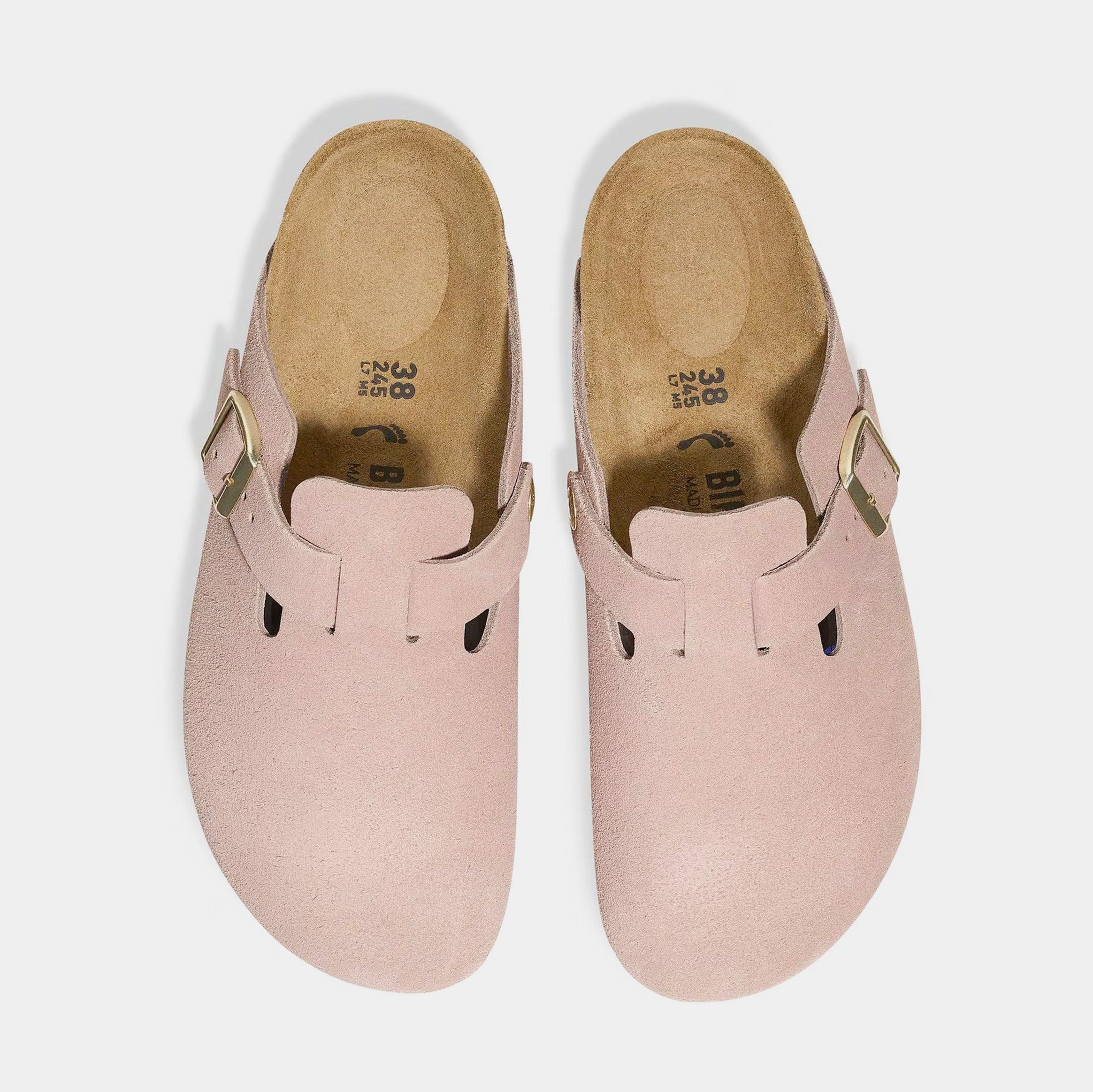 Birkenstock Boston Suede Leather Womens Sandals (Pink/Gold)