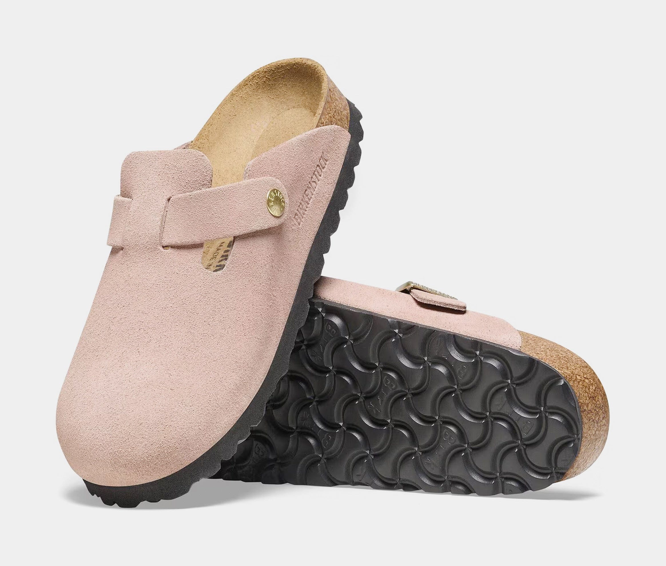 Birkenstock Boston Suede Leather Womens Sandals (Pink/Gold)