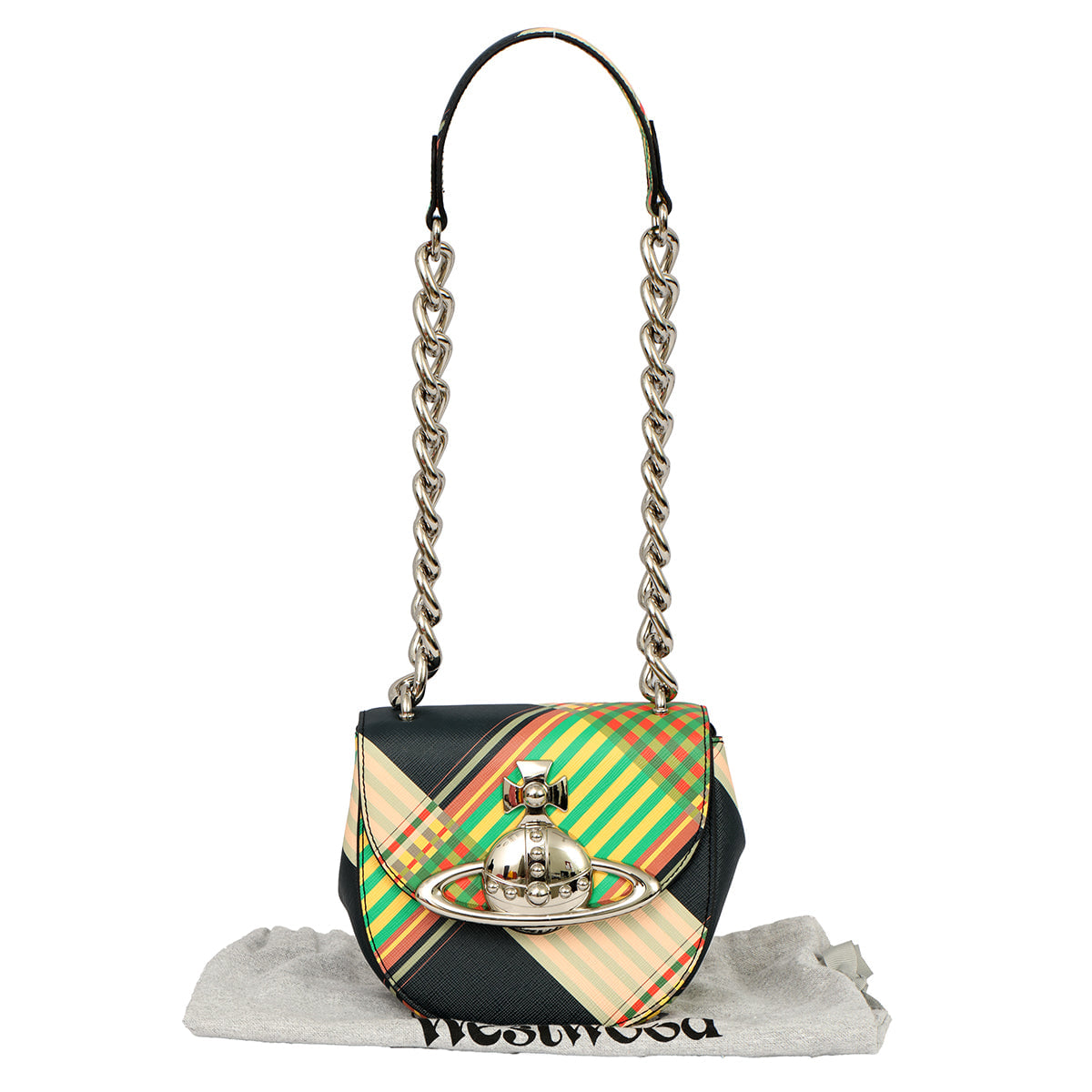 VIVIENNE WESTWOOD JODDIE BLACK TARTAN COATED CANVAS SADDLE BAG