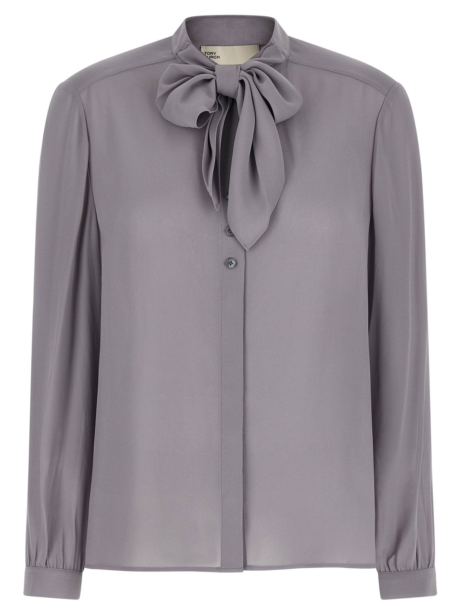Tory Burch Georgette Bow Blouse — Grey