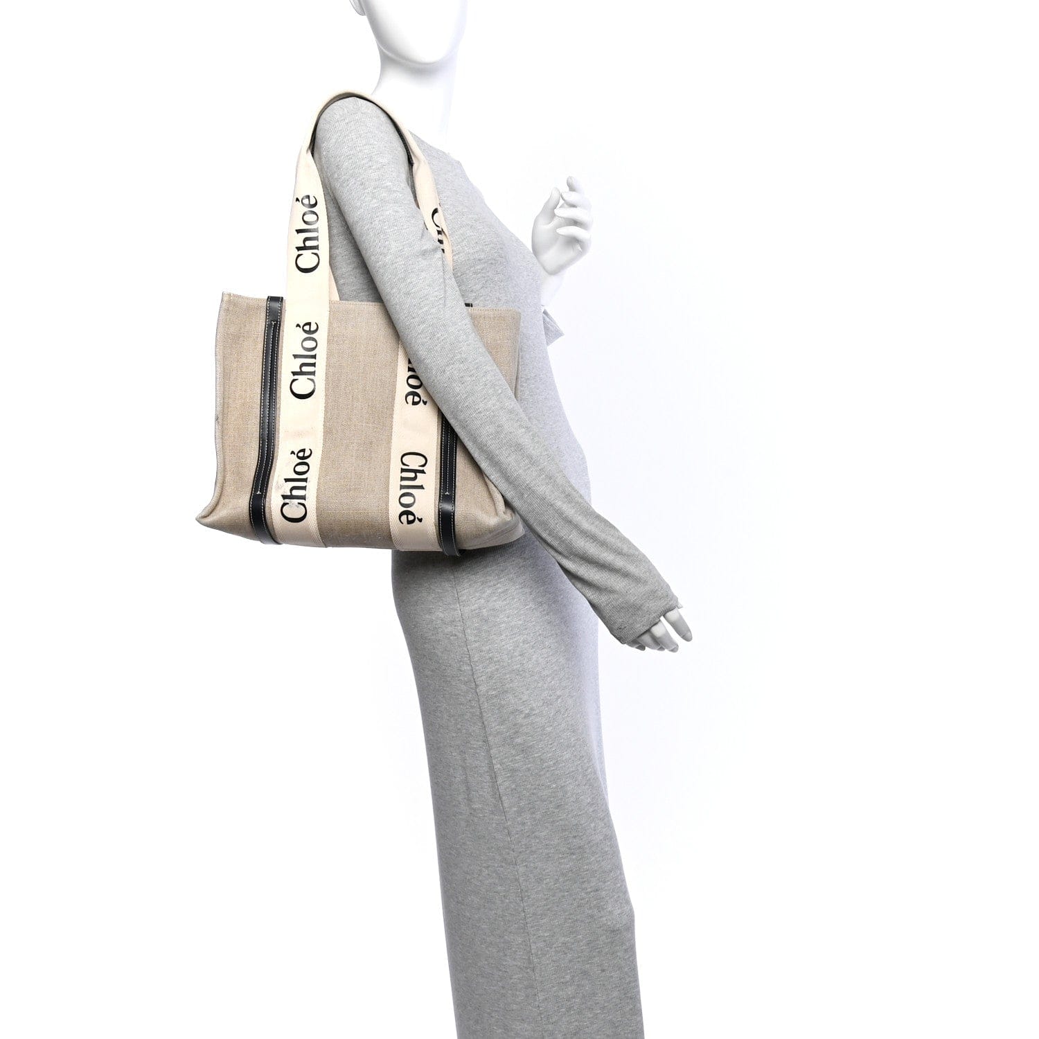 Chloe Linen Calfskin Medium Woody Ribbon Tote White Blue