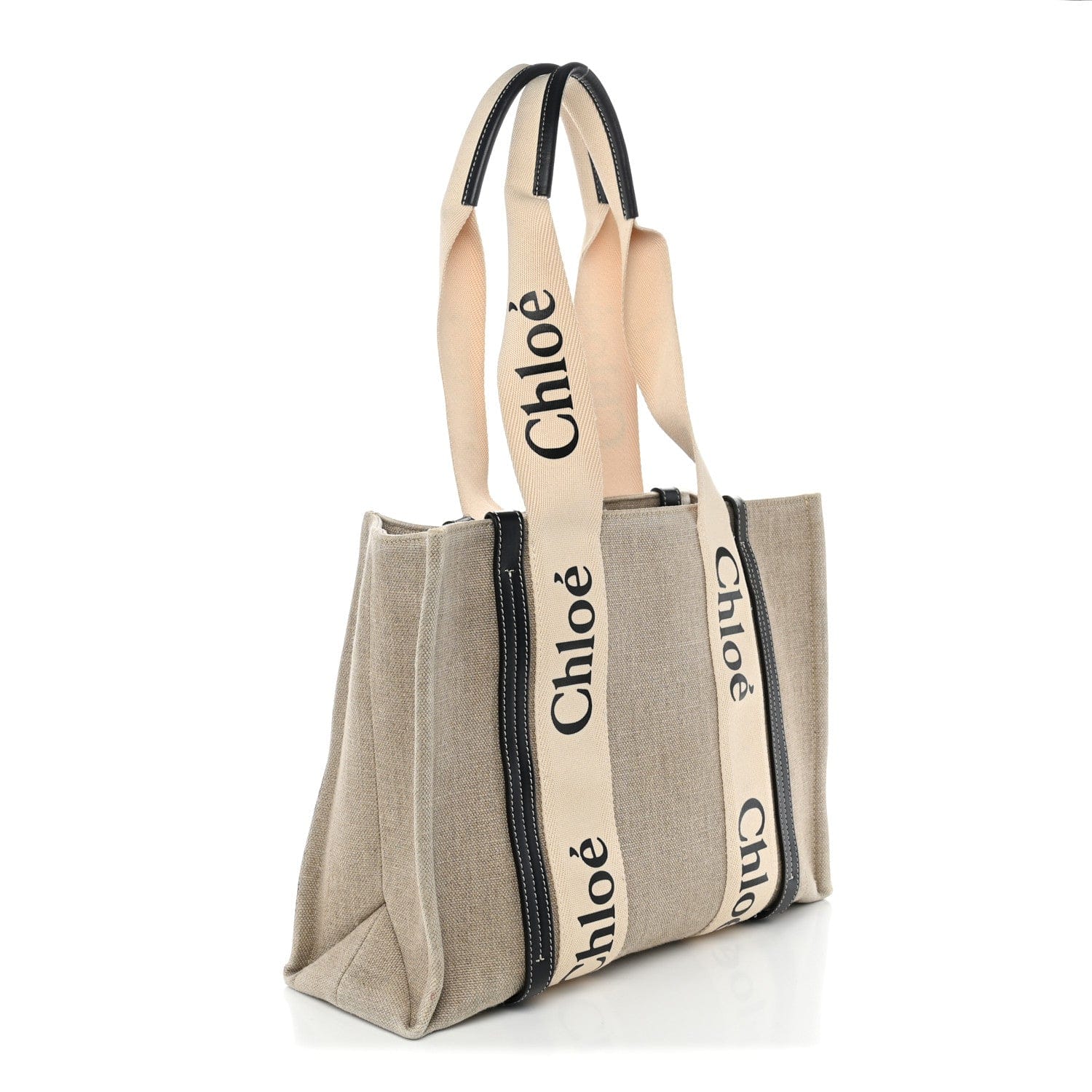 Chloe Linen Calfskin Medium Woody Ribbon Tote White Blue
