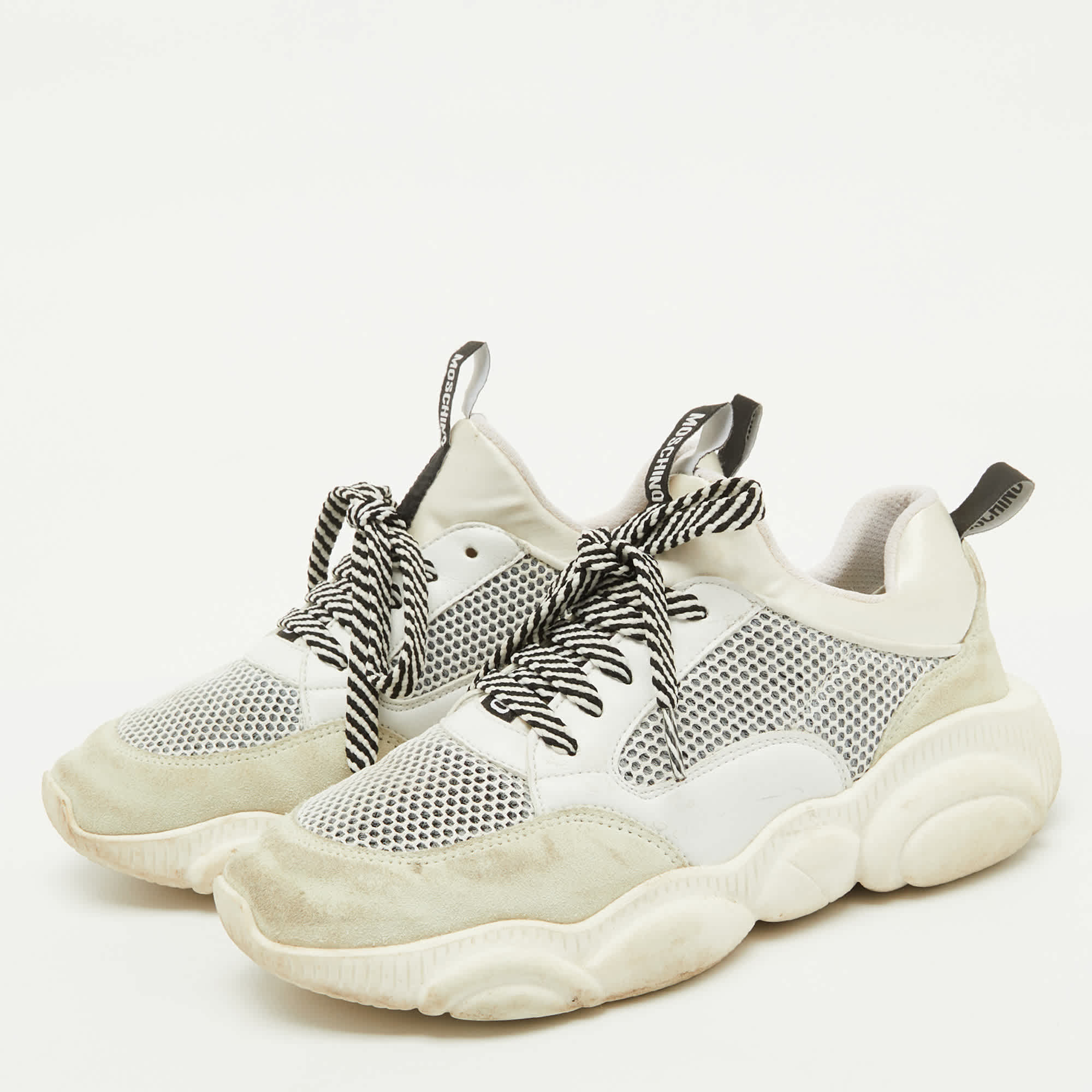 Moschino White Leather And Mesh Teddy Run Low Top Sneakers