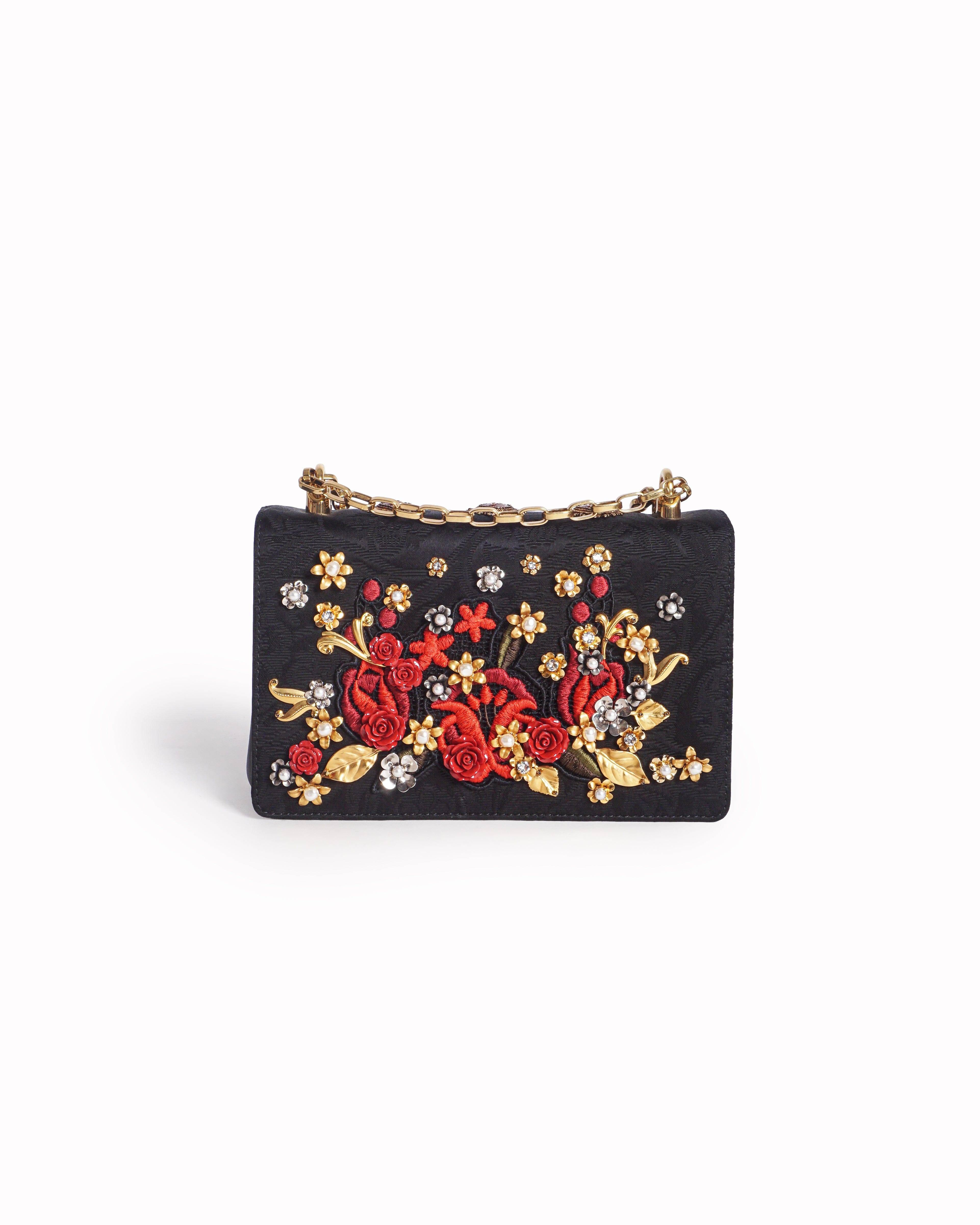Dolce & Gabbana Black Rose Embellished Brocade Shoulder Bag