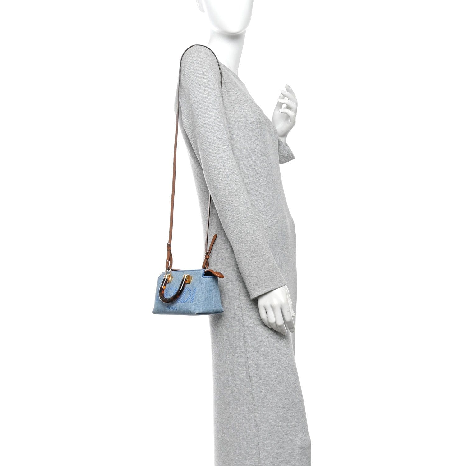 Fendi Denim Vitello King Plexiglass Logo Embroidered Mini By The Way Top Handle Boston Bag Denim Cuoio