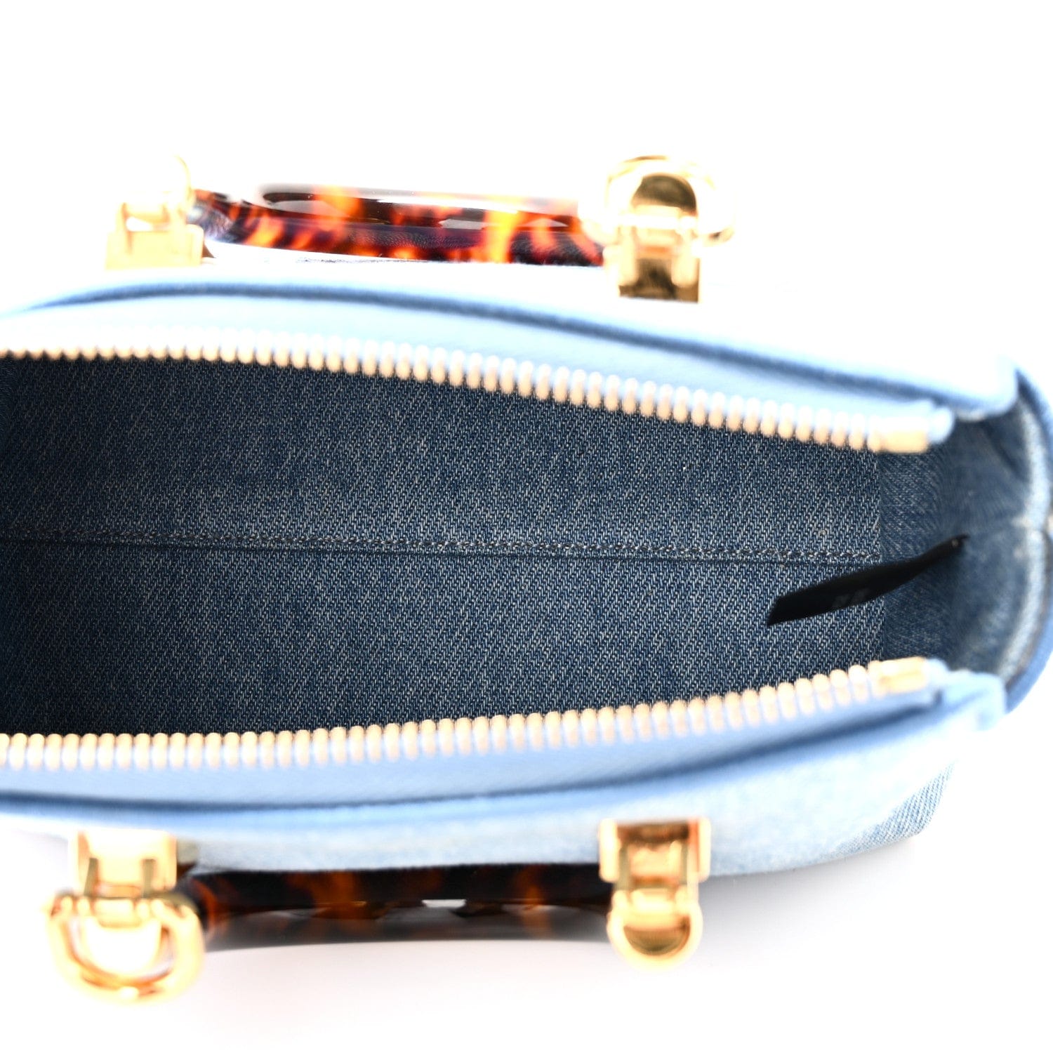 Fendi Denim Vitello King Plexiglass Logo Embroidered Mini By The Way Top Handle Boston Bag Denim Cuoio