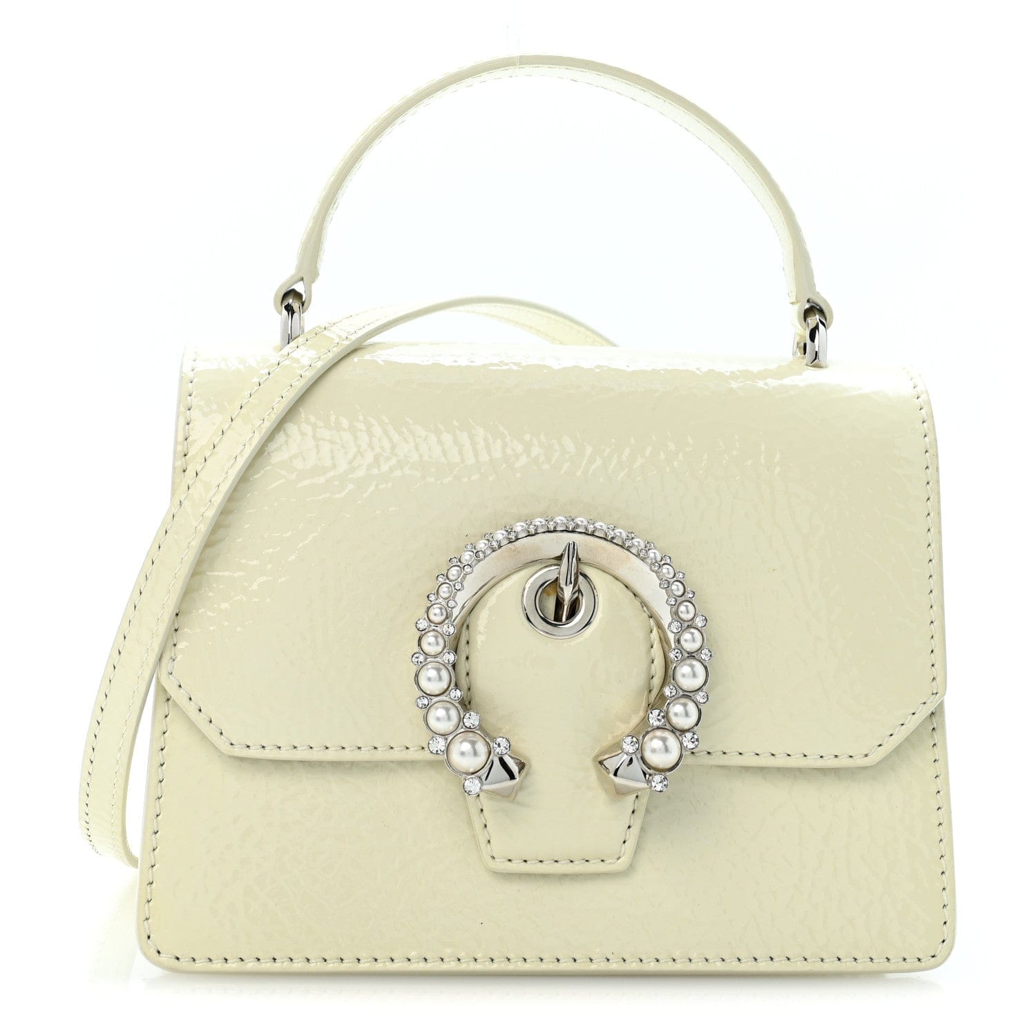 Jimmy Choo Textured Patent Calfskin Small Madeline Satchel Latte