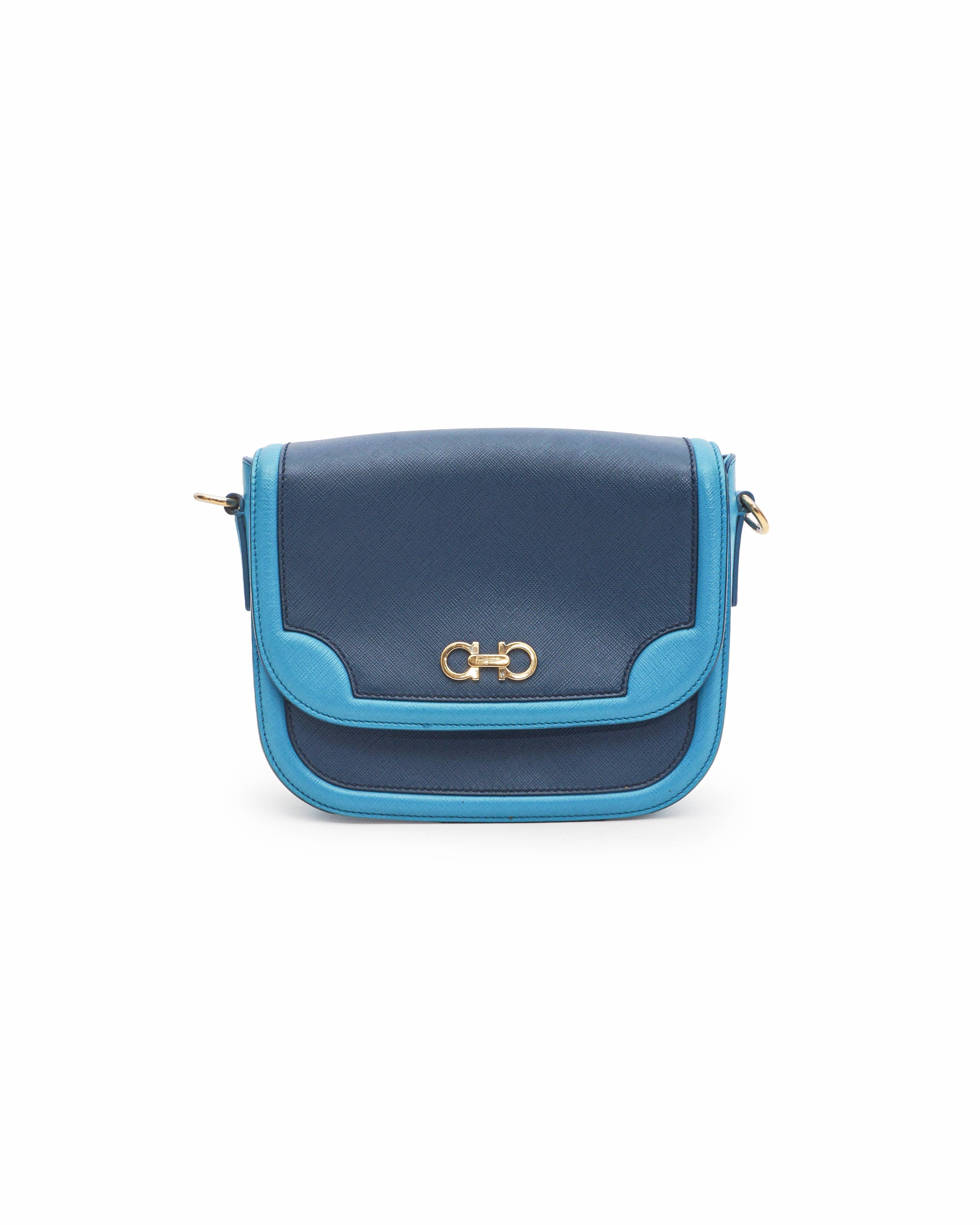 Salvatore Ferragamo Greta Two - Tone Blue Leather Gancini Crossbody Bag