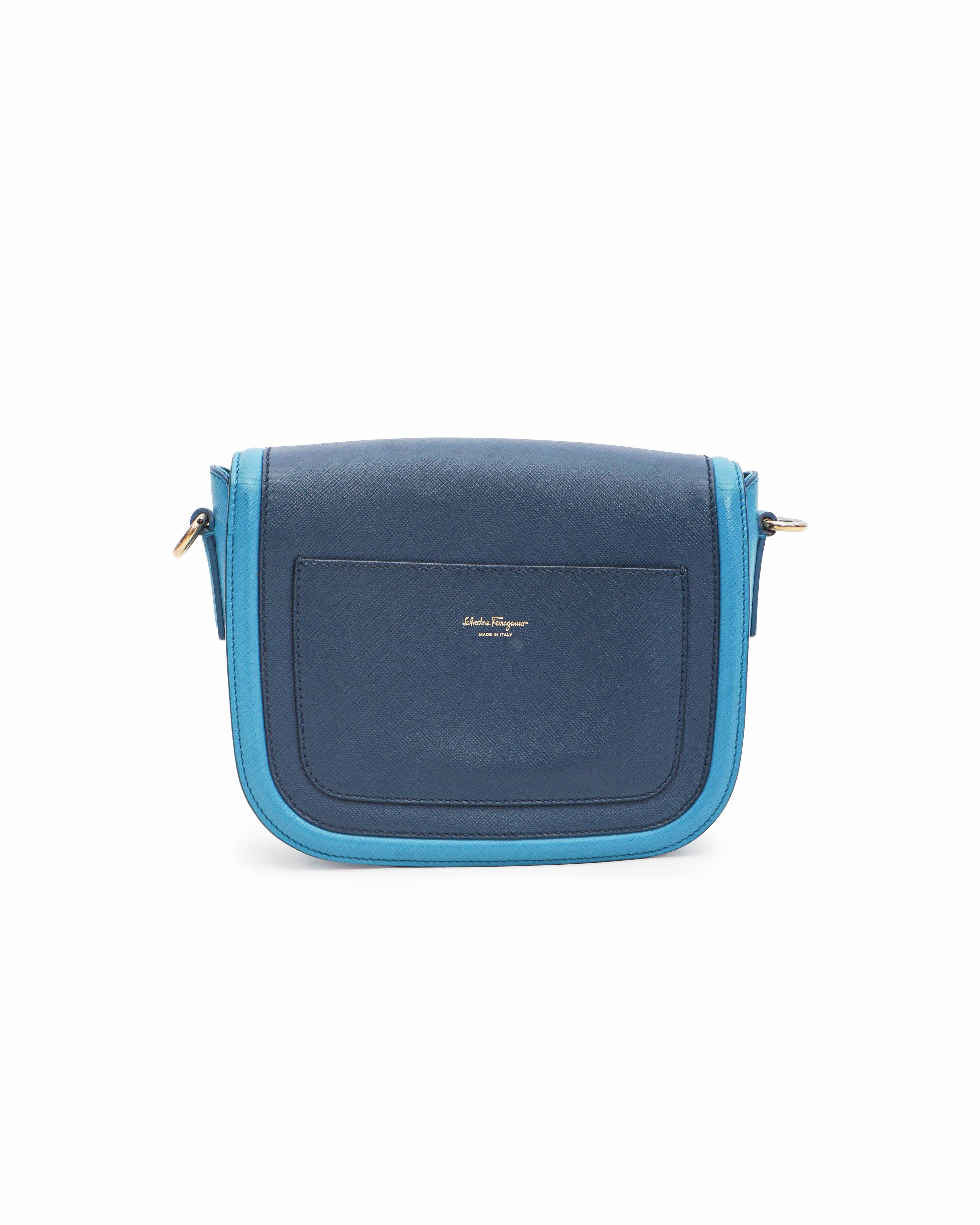 Salvatore Ferragamo Greta Two - Tone Blue Leather Gancini Crossbody Bag