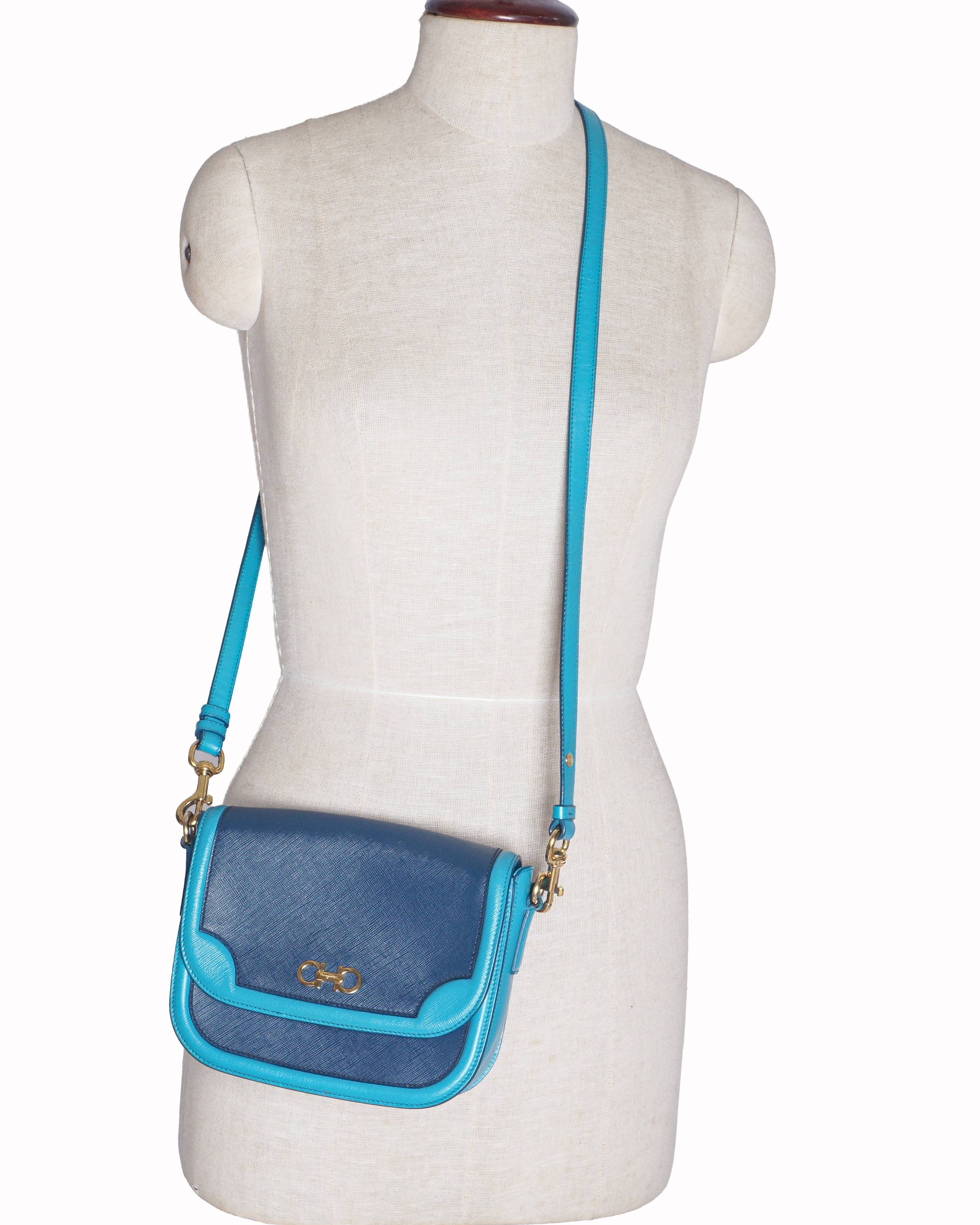 Salvatore Ferragamo Greta Two - Tone Blue Leather Gancini Crossbody Bag