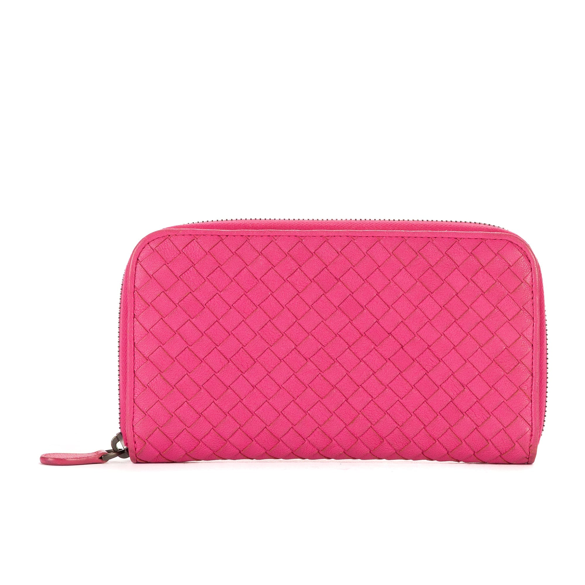 Bottega Veneta Pink Calf Leather Intrecciato Zip Around Wallet OAG8348