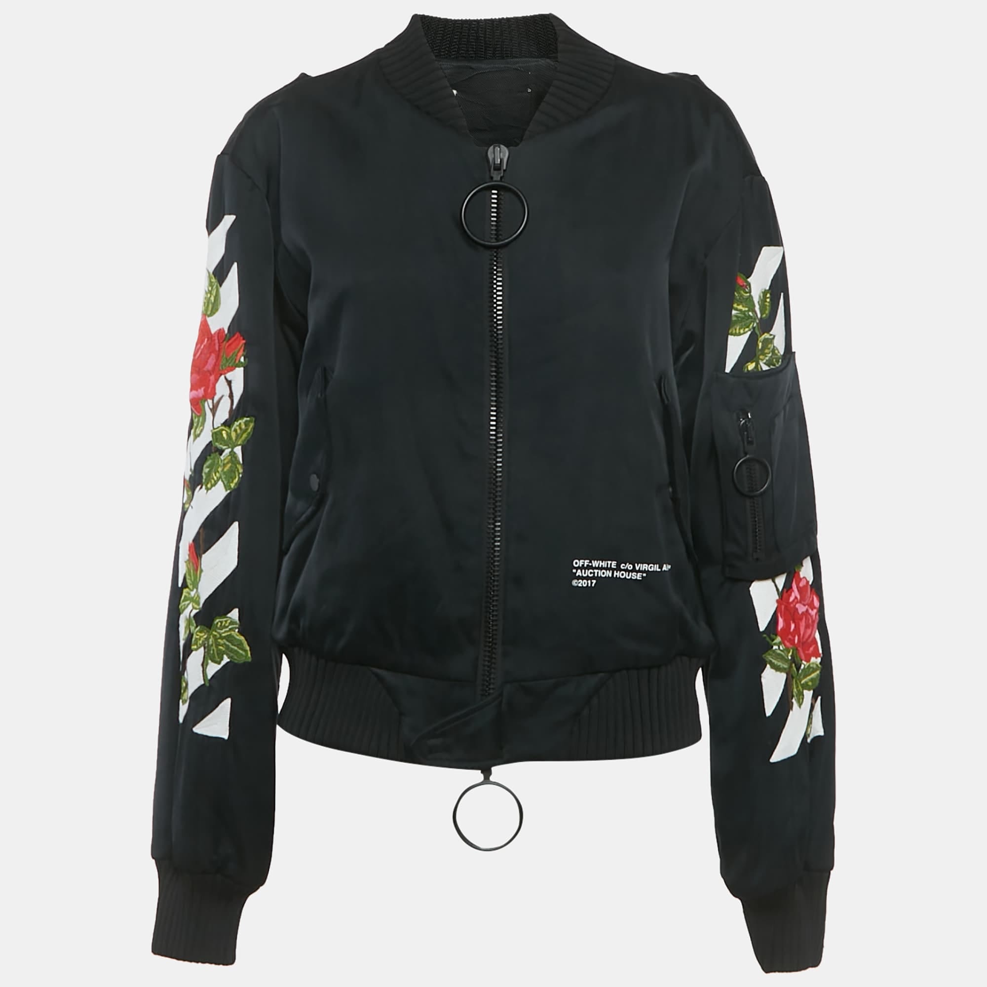 Off - White Black Rose And Arrow Embroidered Satin Bomber Jacket