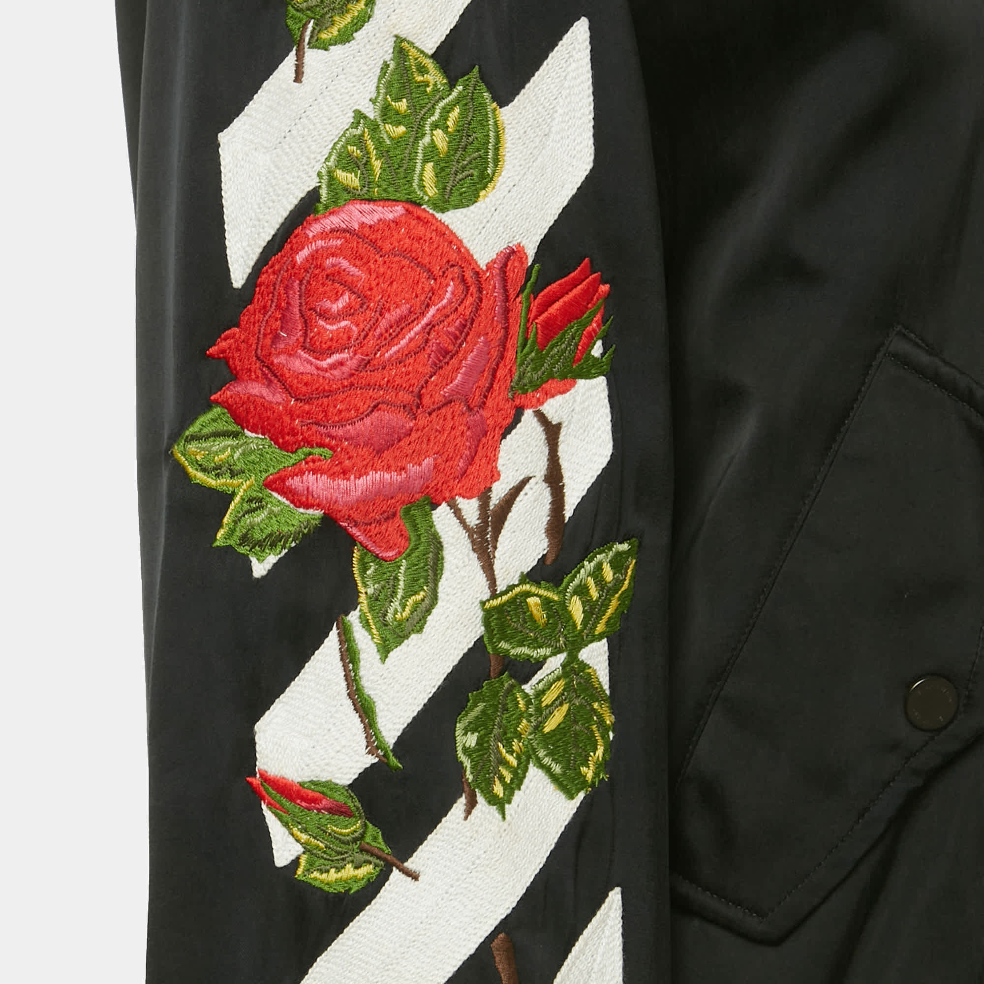 Off - White Black Rose And Arrow Embroidered Satin Bomber Jacket